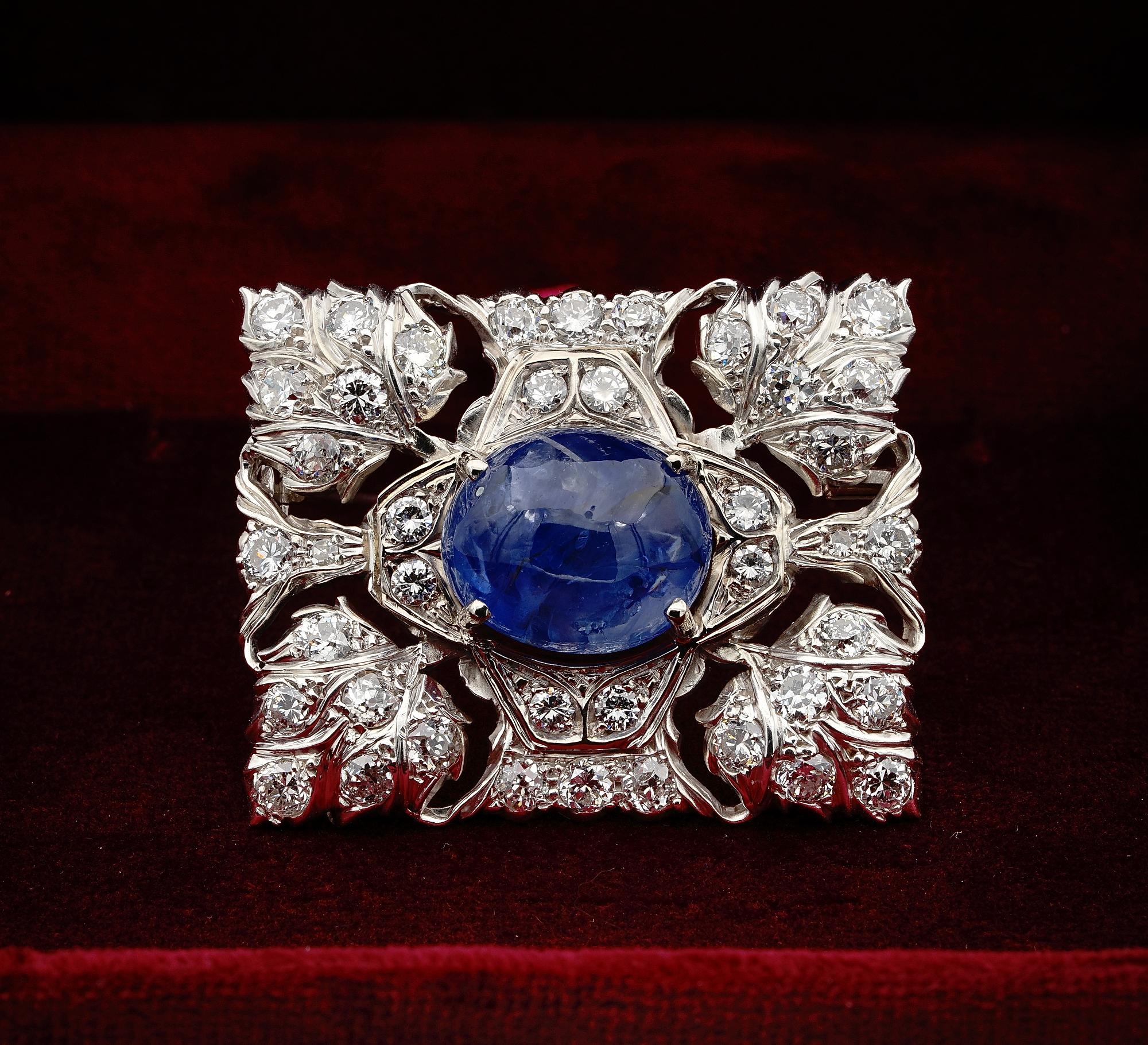 Retro Antique Buccellati 17.0 Carat Natural Sapphire 11.40 Ct Diamond Platinum Brooch