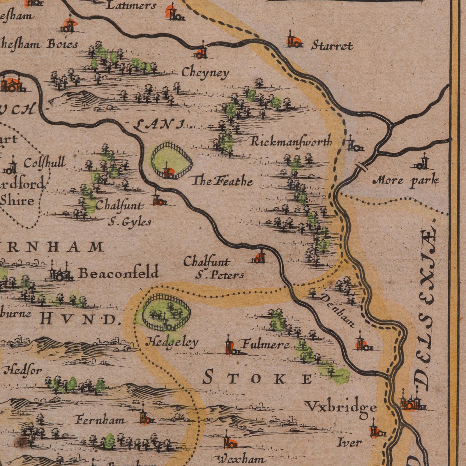 Antiguo Mapa de Buckinghamshire, Inglés, Enmarcado Cartografía del Condado del Siglo XVII en venta 4