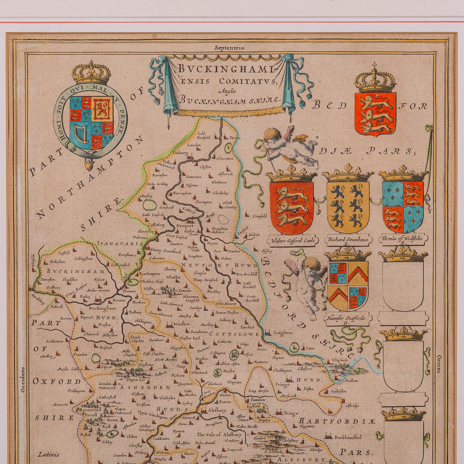 Antiguo Mapa de Buckinghamshire, Inglés, Enmarcado Cartografía del Condado del Siglo XVII Británico en venta