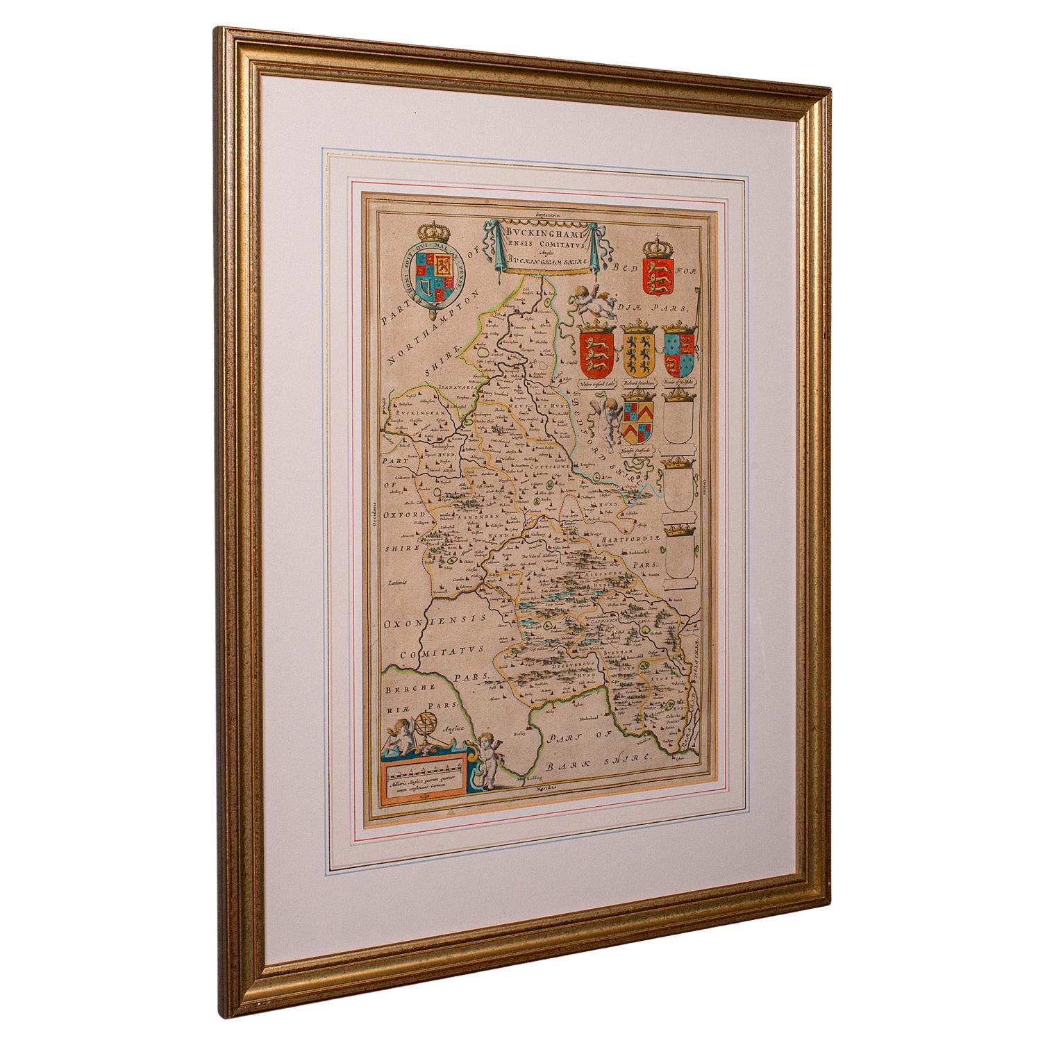 Carte ancienne du Buckinghamshire, anglaise, encadrée, cartographie du comté du 17e siècle