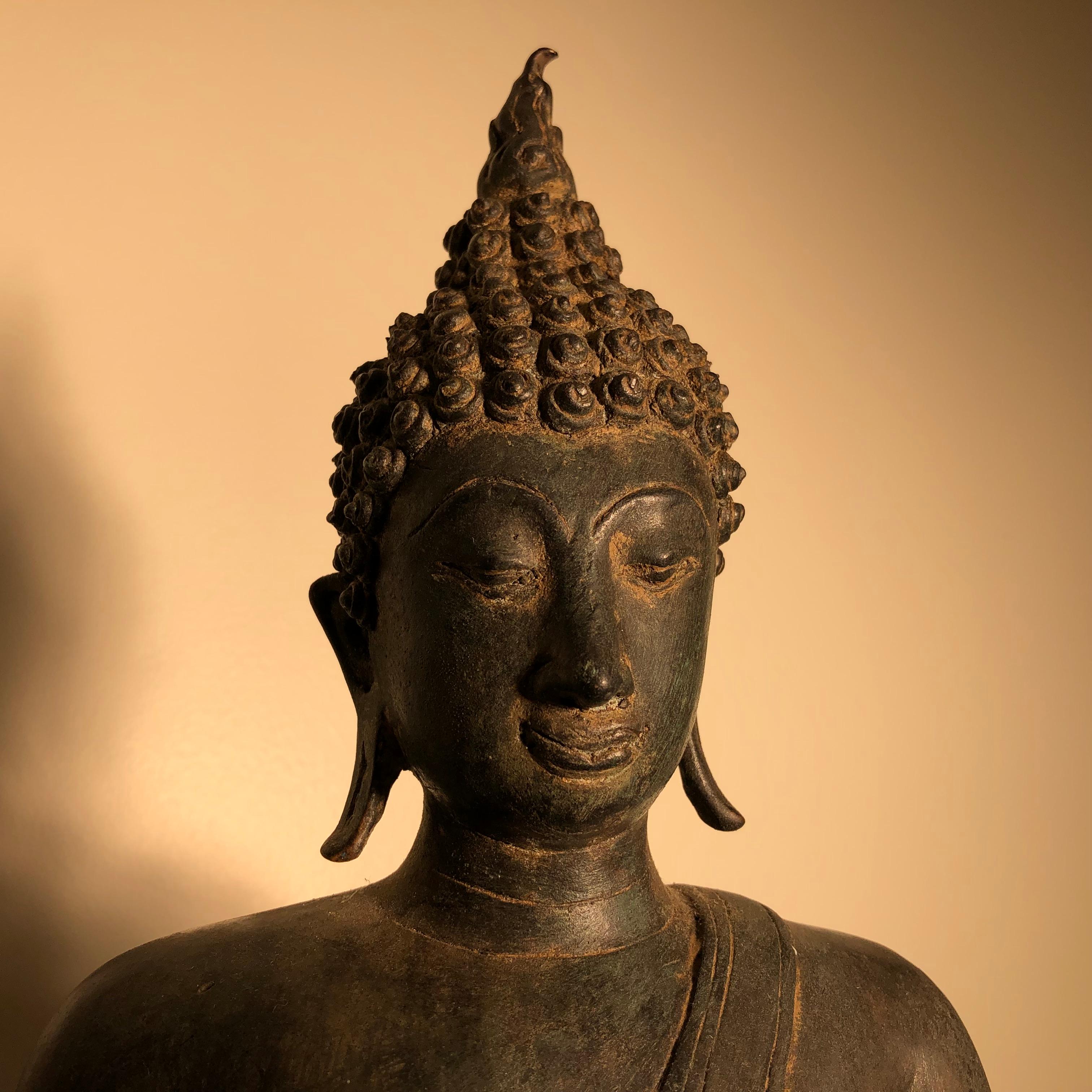 Patinated Antique Buddha Calling Earth to Witness, Hand Cast Thai Bronze 19th Century, 