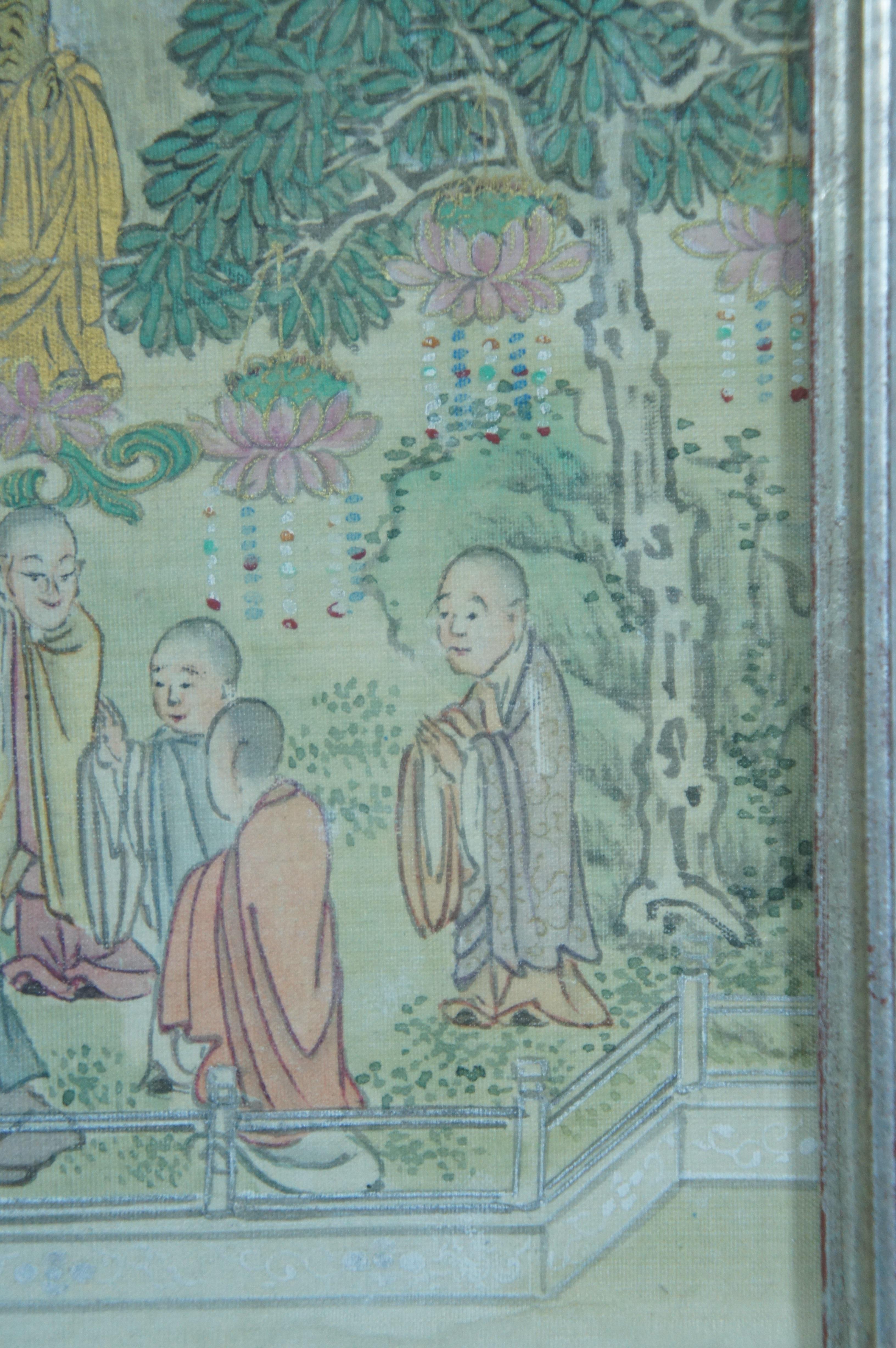 Antique Buddha Meditation Lotus Flowers Watercolor on Silk Painting 21