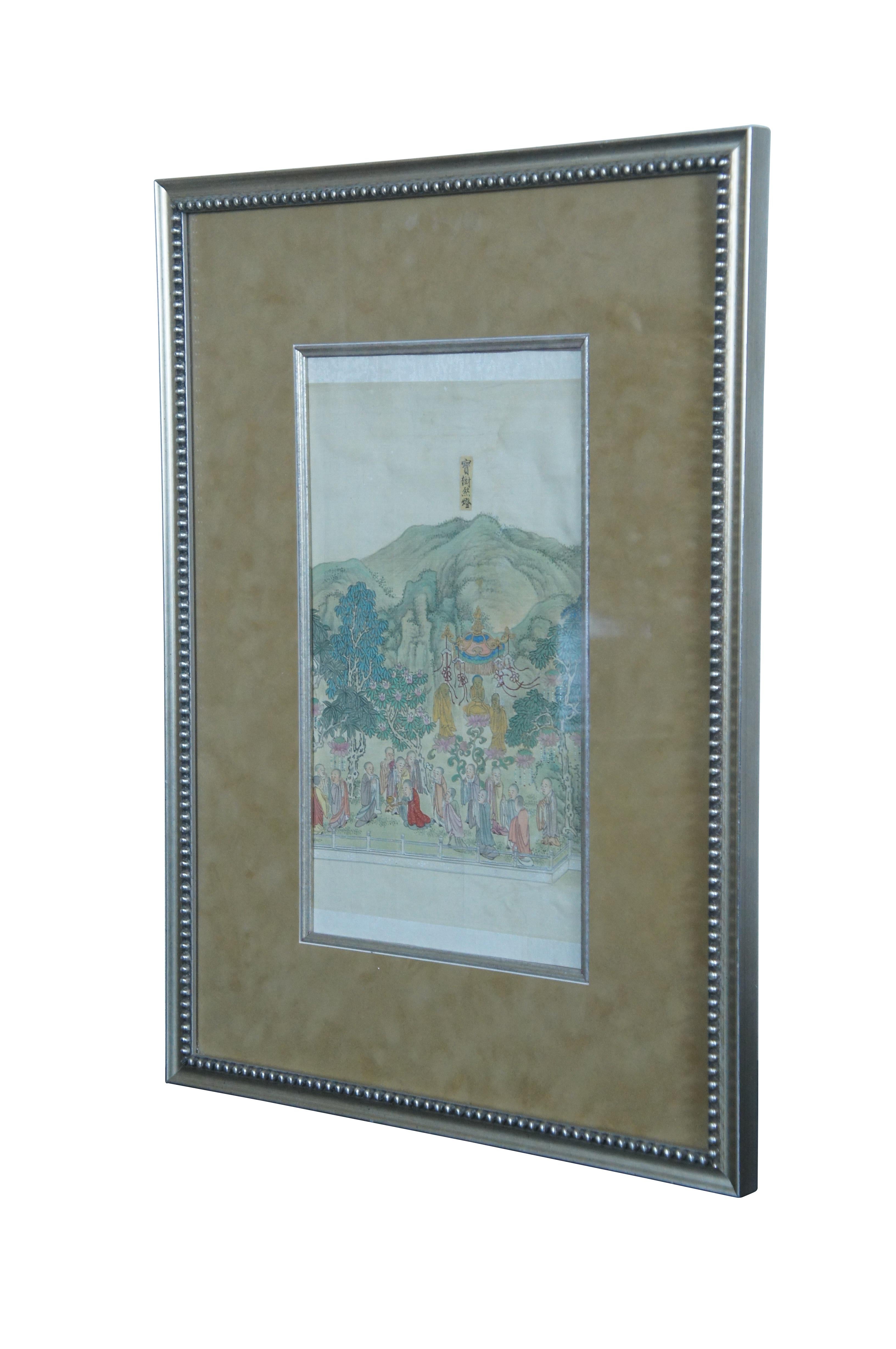 Antique watercolor painting on silk, showing the Buddhas under a floating canopy, seated on lotus flowers, surrounded by other monks smoking a pipe and meditating, all in a fenced off landscape of trees and hills. Paper label affixed to sky. Beveled