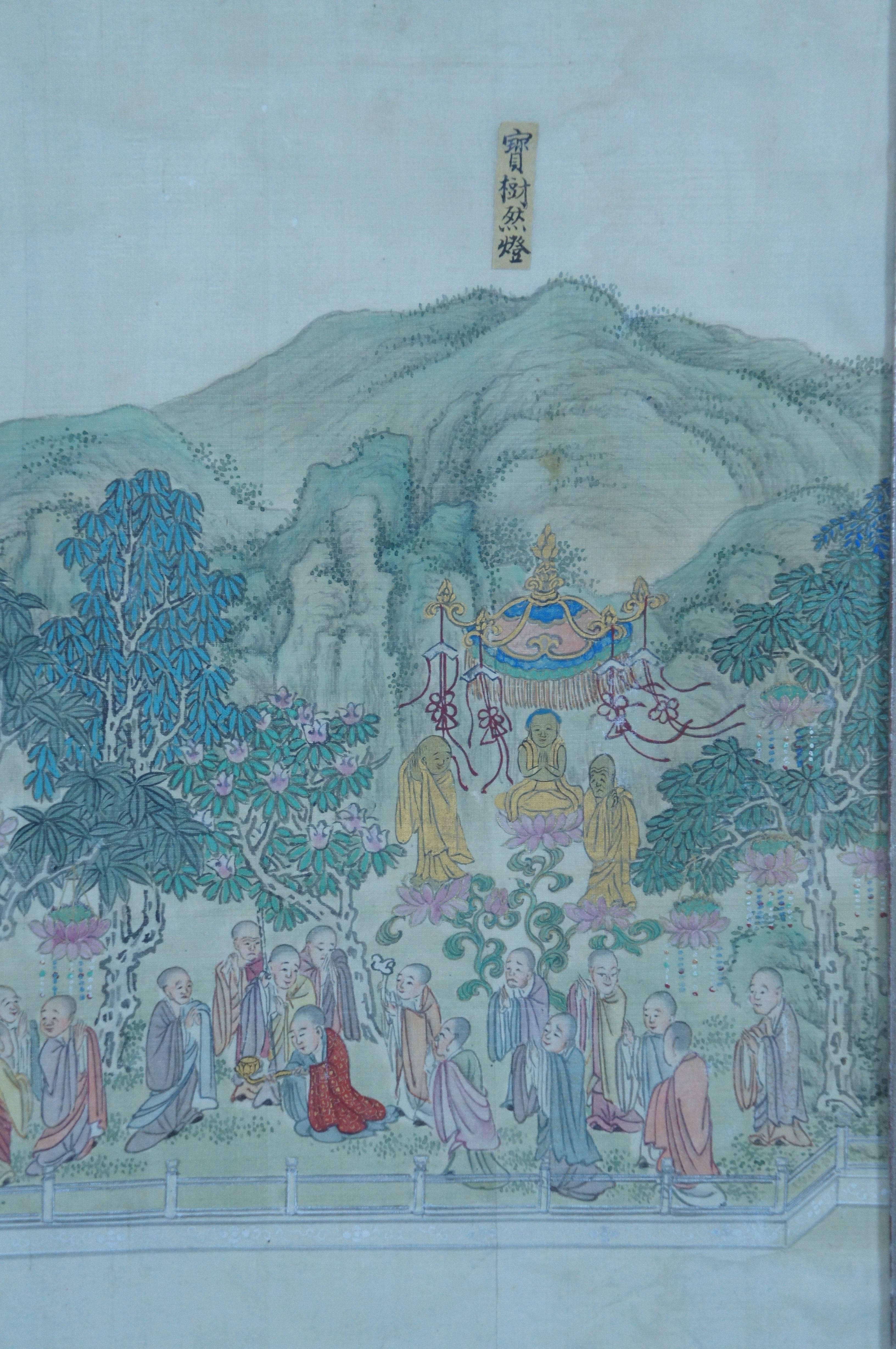 Antique Buddha Meditation Lotus Flowers Watercolor on Silk Painting 21