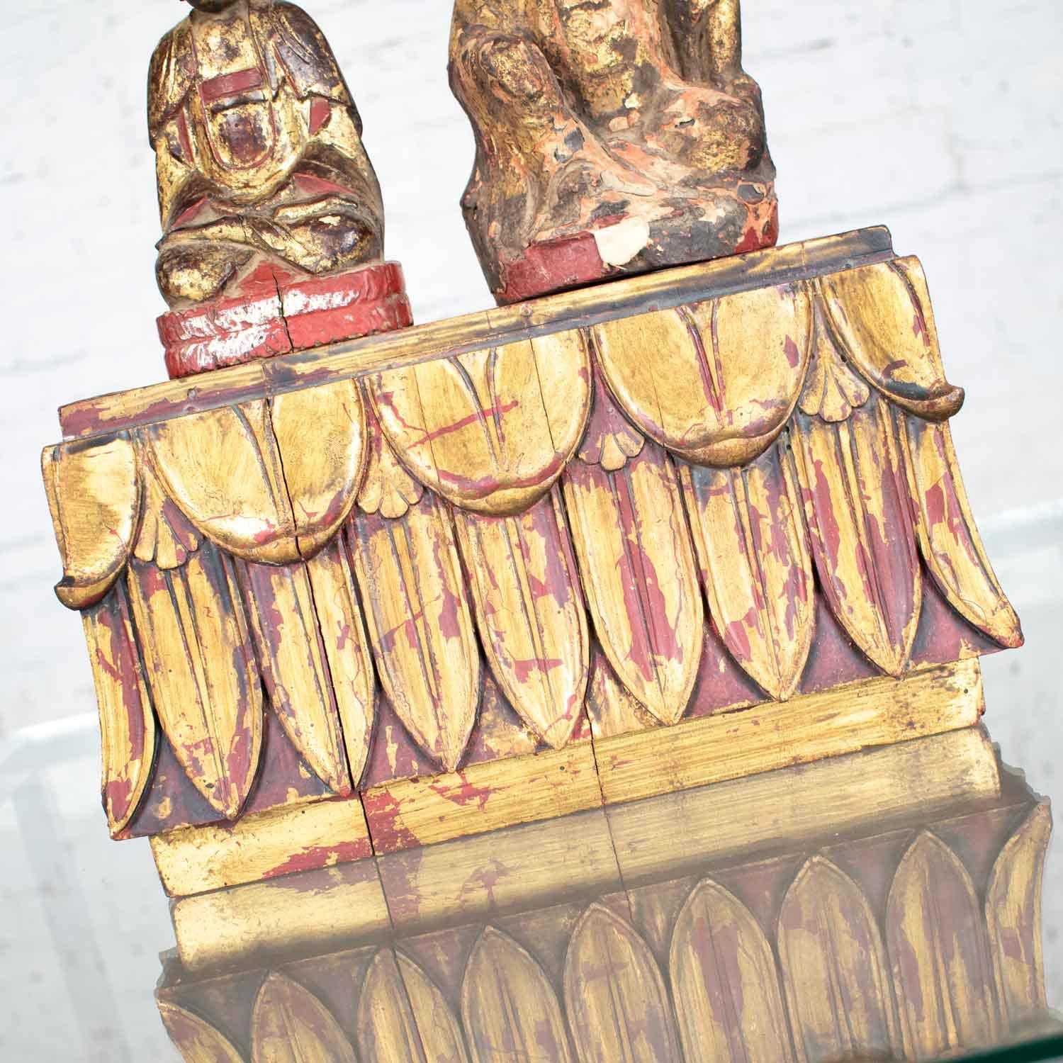 Antique Buddha Pair and Stand Hand Carved Wood and Hand Painted Red and Gilded For Sale 1