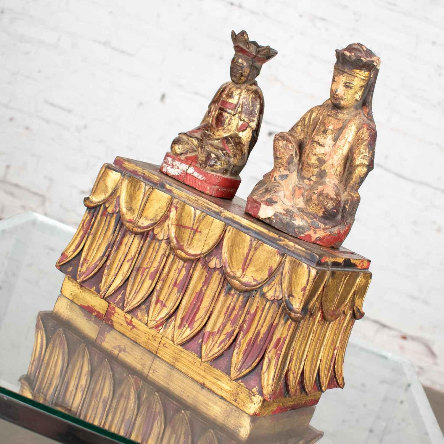 Chinoiserie Antique Buddha Pair and Stand Hand Carved Wood and Hand Painted Red and Gilded For Sale