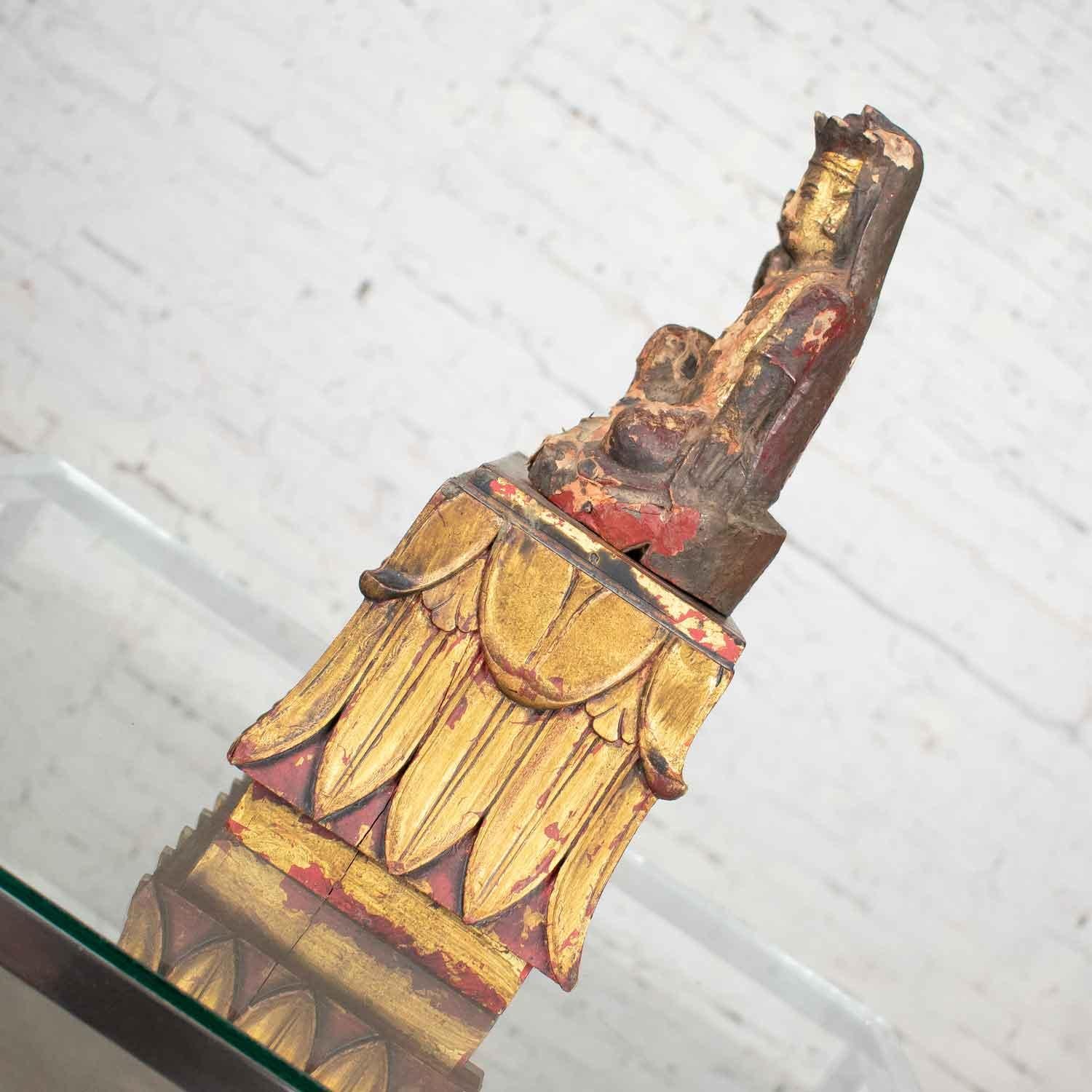 Unknown Antique Buddha Pair and Stand Hand Carved Wood and Hand Painted Red and Gilded For Sale