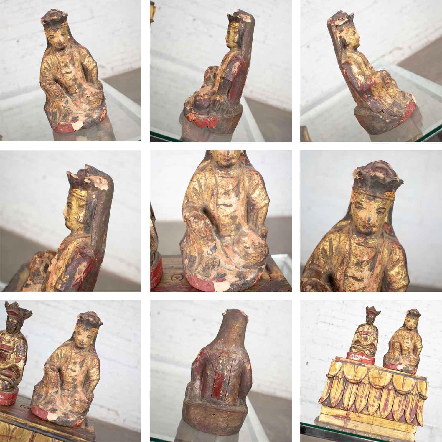 Giltwood Antique Buddha Pair and Stand Hand Carved Wood and Hand Painted Red and Gilded For Sale