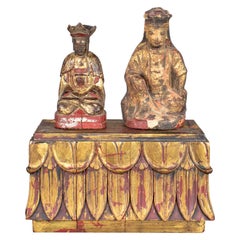 Antique Buddha Pair and Stand Hand Carved Wood and Hand Painted Red and Gilded