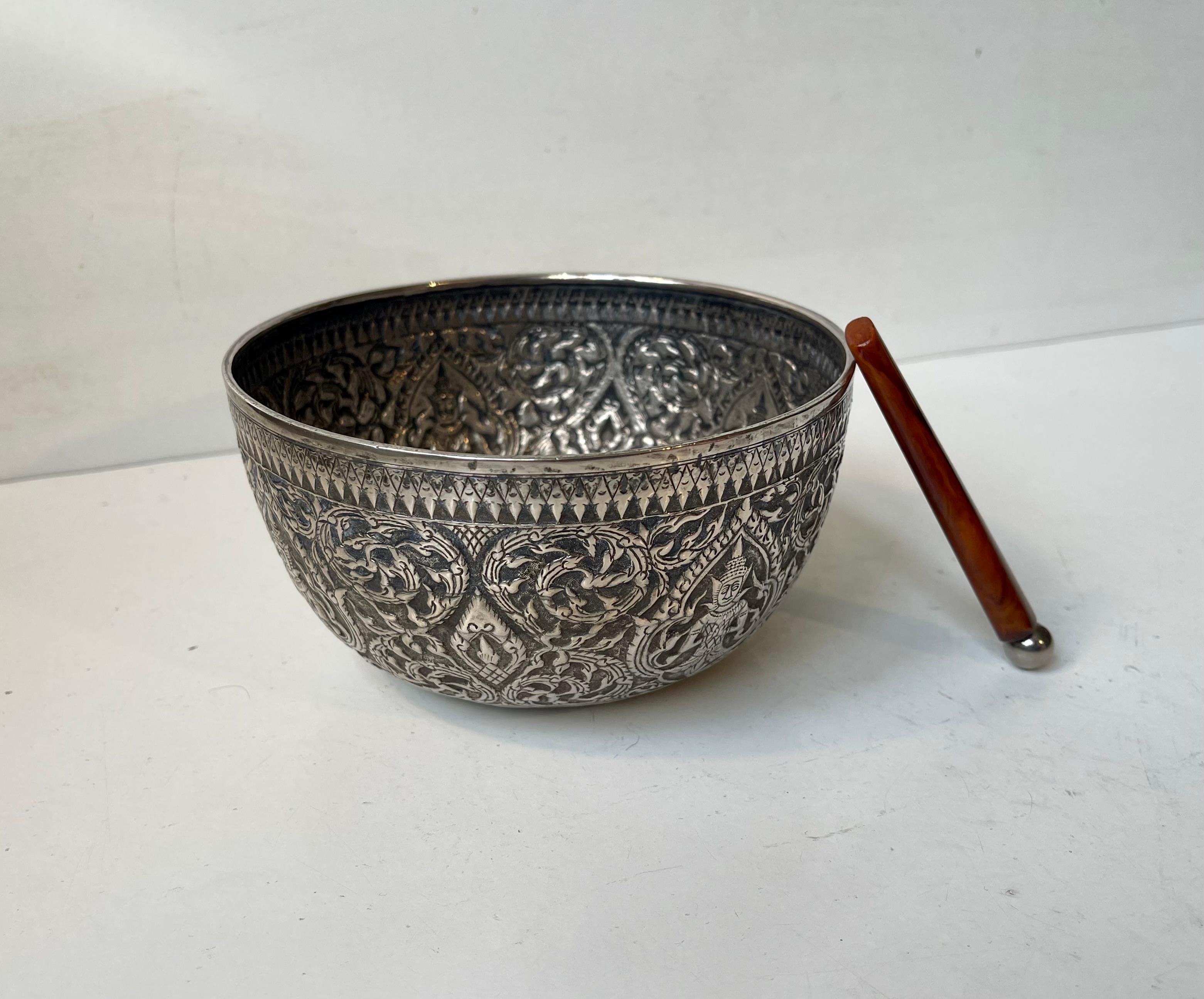 20th Century Antique Buddhist Singing Bowl in Carved & Repoussé Silver For Sale