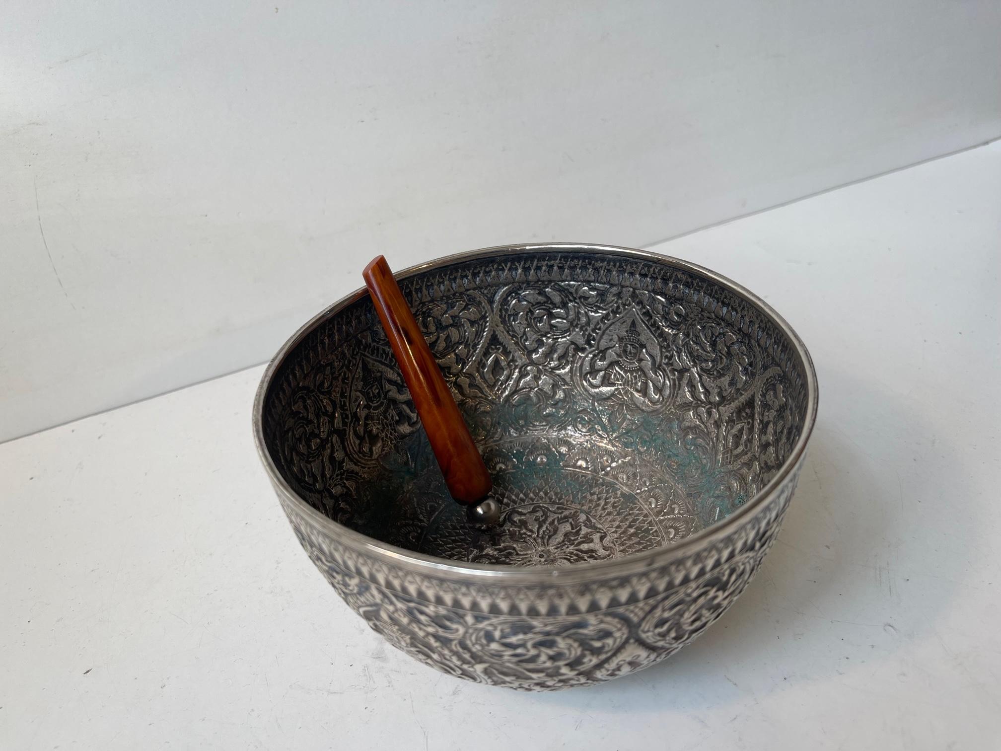 Antique Buddhist Singing Bowl in Carved & Repoussé Silver For Sale 4