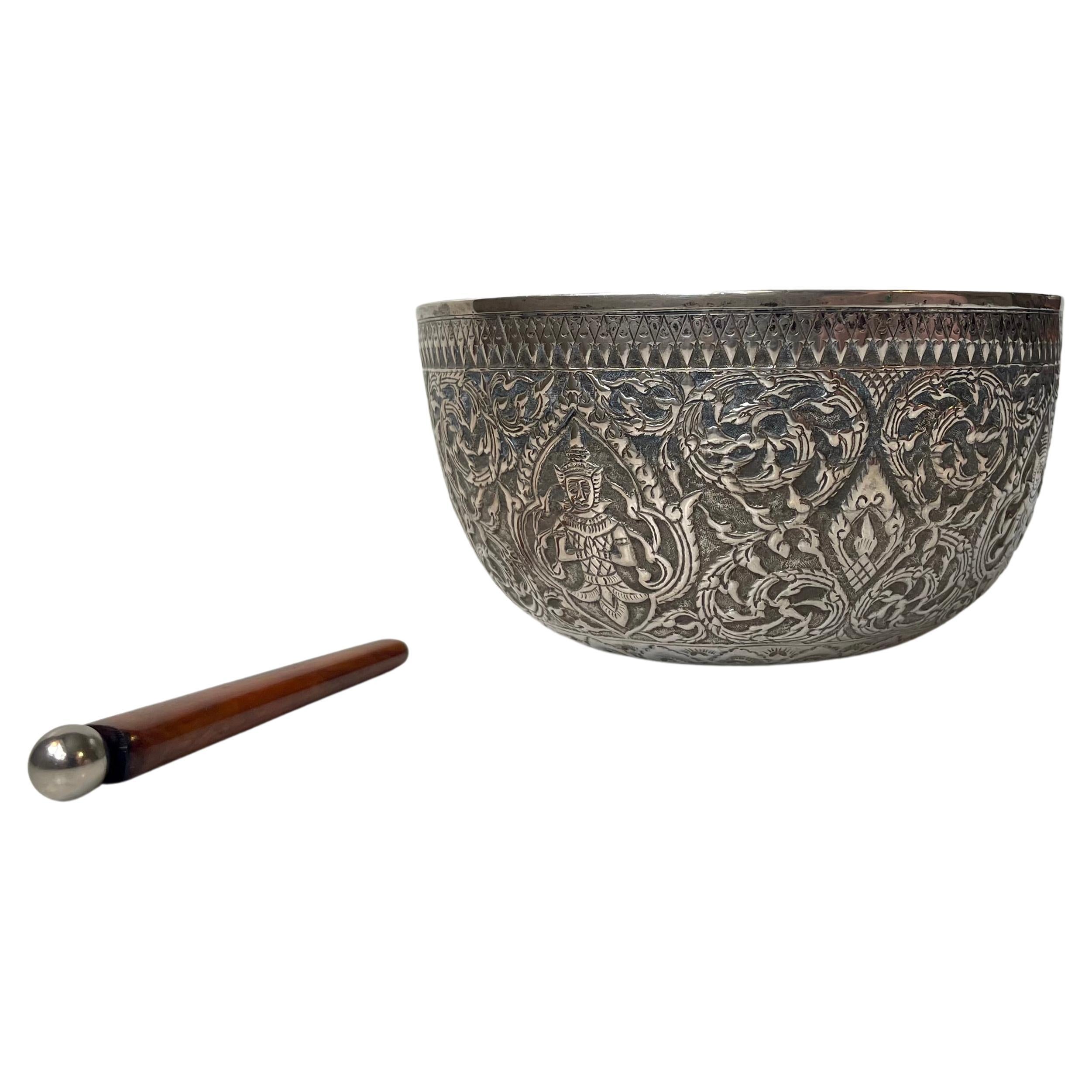 Antique Buddhist Singing Bowl in Carved & Repoussé Silver For Sale