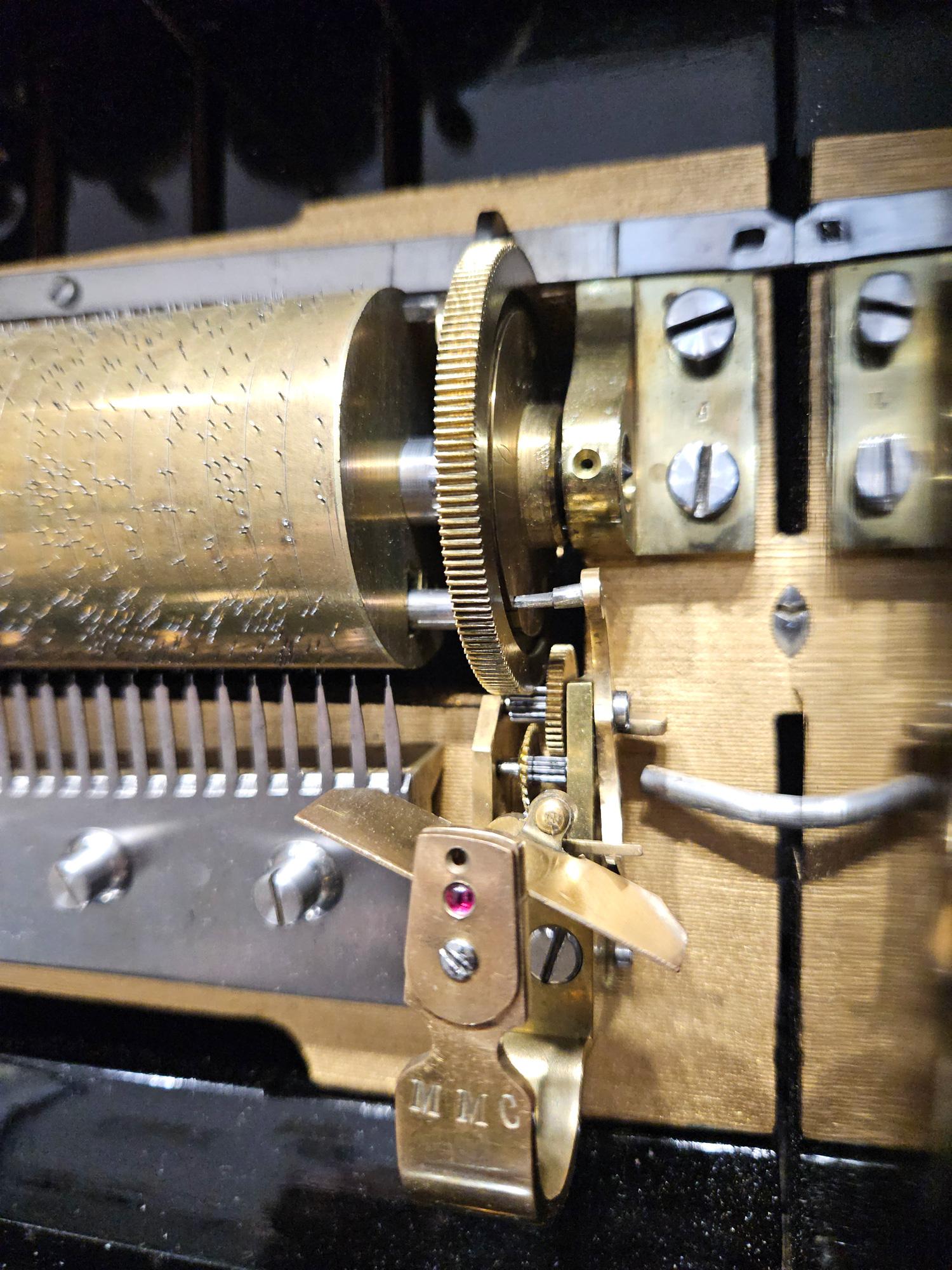Brass Antique Buffet-Style Drum and Bell Music Box by Mojon Manger, Geneva, c. 1885 For Sale