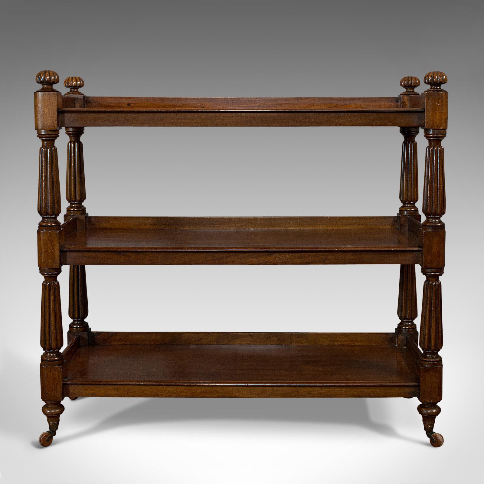 This is an antique 3-tier buffet trolley. An English, mahogany side table or server, dating to the William IV period, circa 1830.

Superb example of William IV furniture
Displays a desirable aged patina
Select mahogany shows fine grain