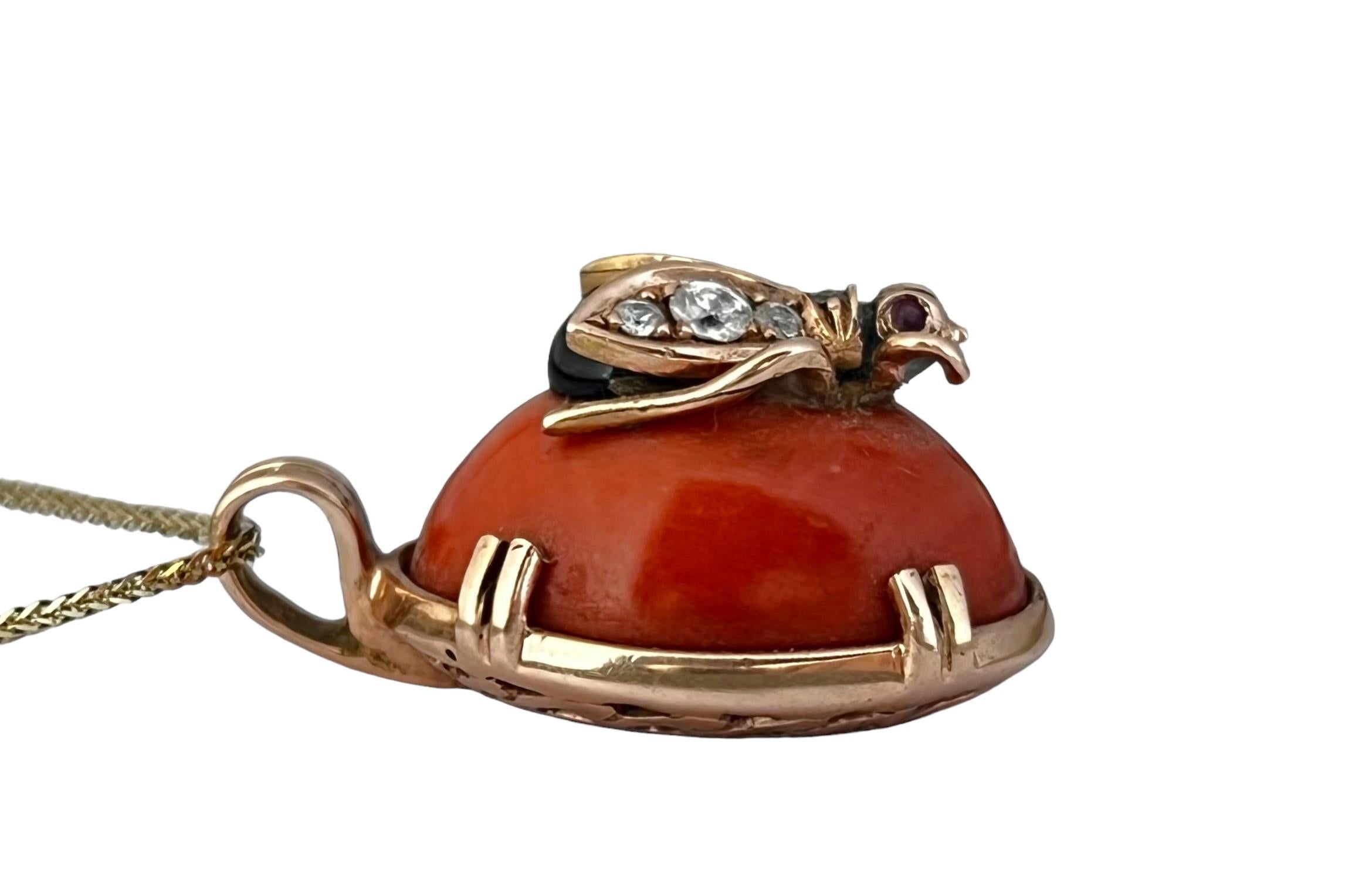 Cabochon Antique Bug-Like Russian Gold Diamonds and Coral Pendant