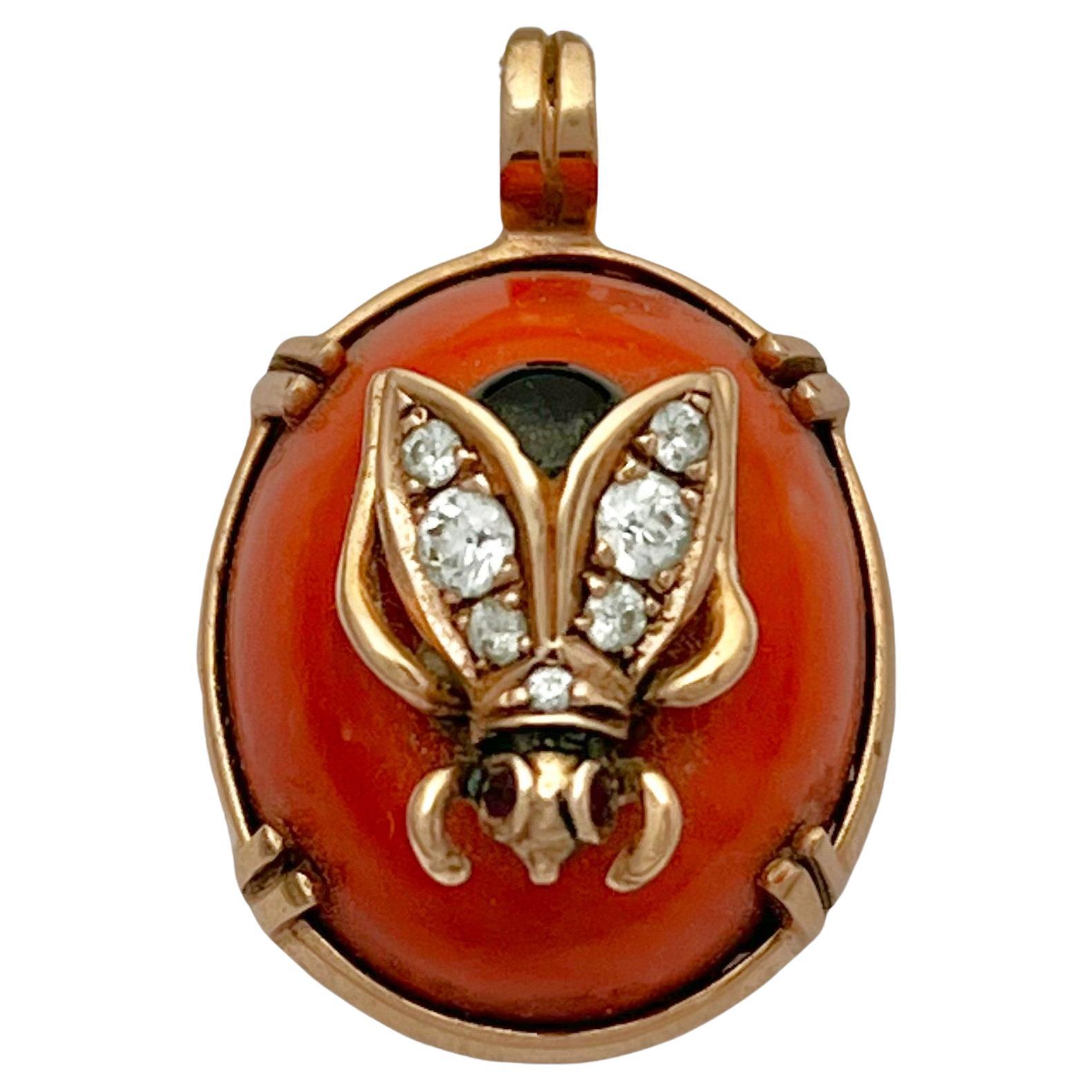 Antique Bug-Like Russian Gold Diamonds and Coral Pendant