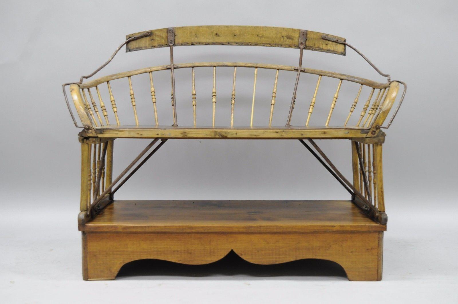 Antique Buggy Bench Hall Seat Sleigh Primitive Folk Art Wagon Wood and Iron 3