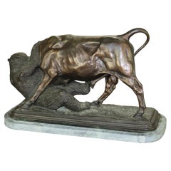 Antique Bull & Bear Figural Bronze Sculpture on Green Marble Base Signed Bonheur