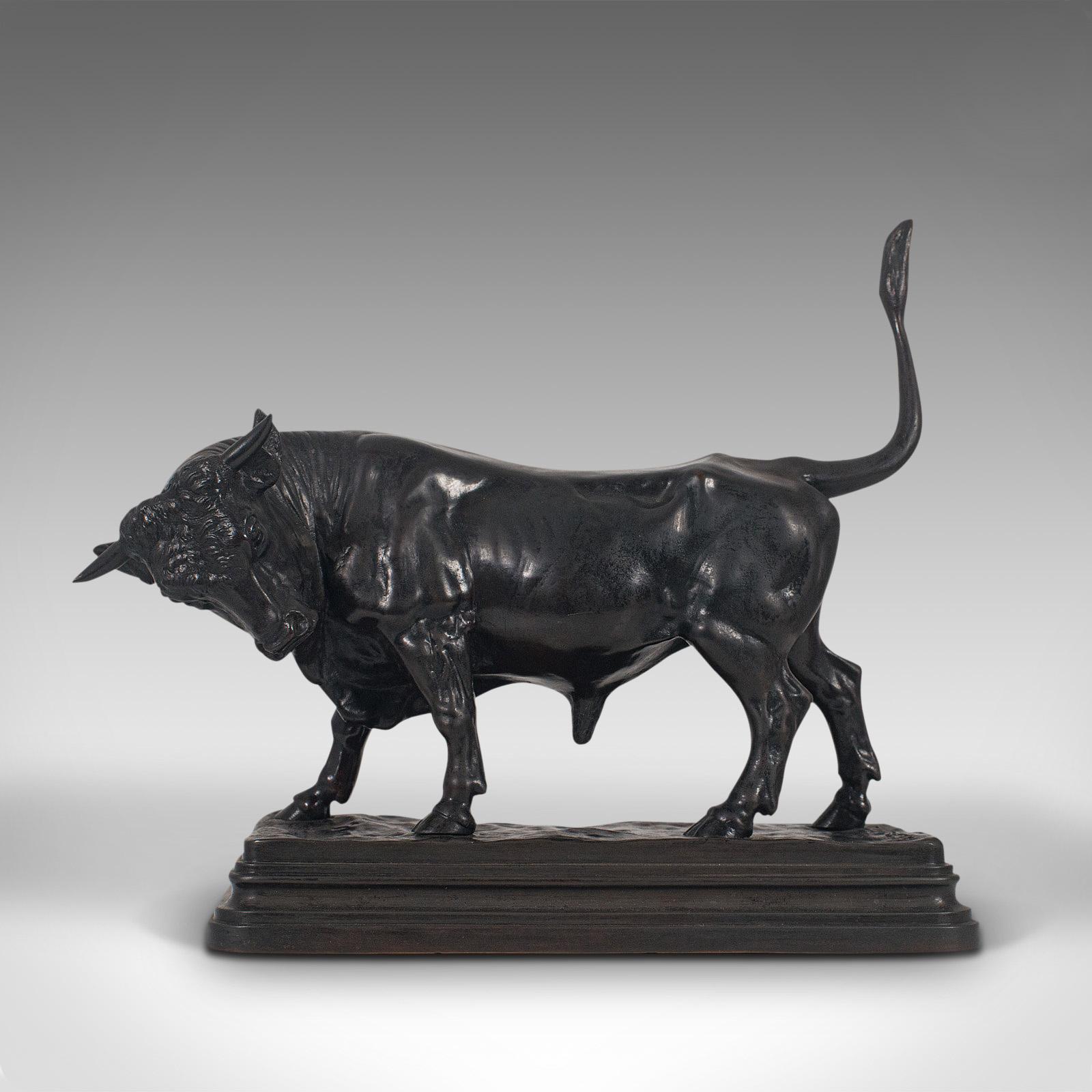This is an antique bull figure. An Austrian, bronze study or statue, dating to the late 19th century, circa 1900.

Striking anatomical study of a powerful animal
Displaying a desirable aged patina - in very good order
Cold-painted bronze offers