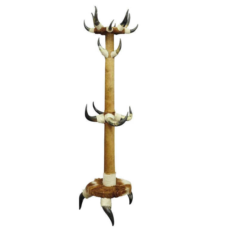Antique Bull Horn Hall Stand with Cow Fur, circa 1870 For Sale