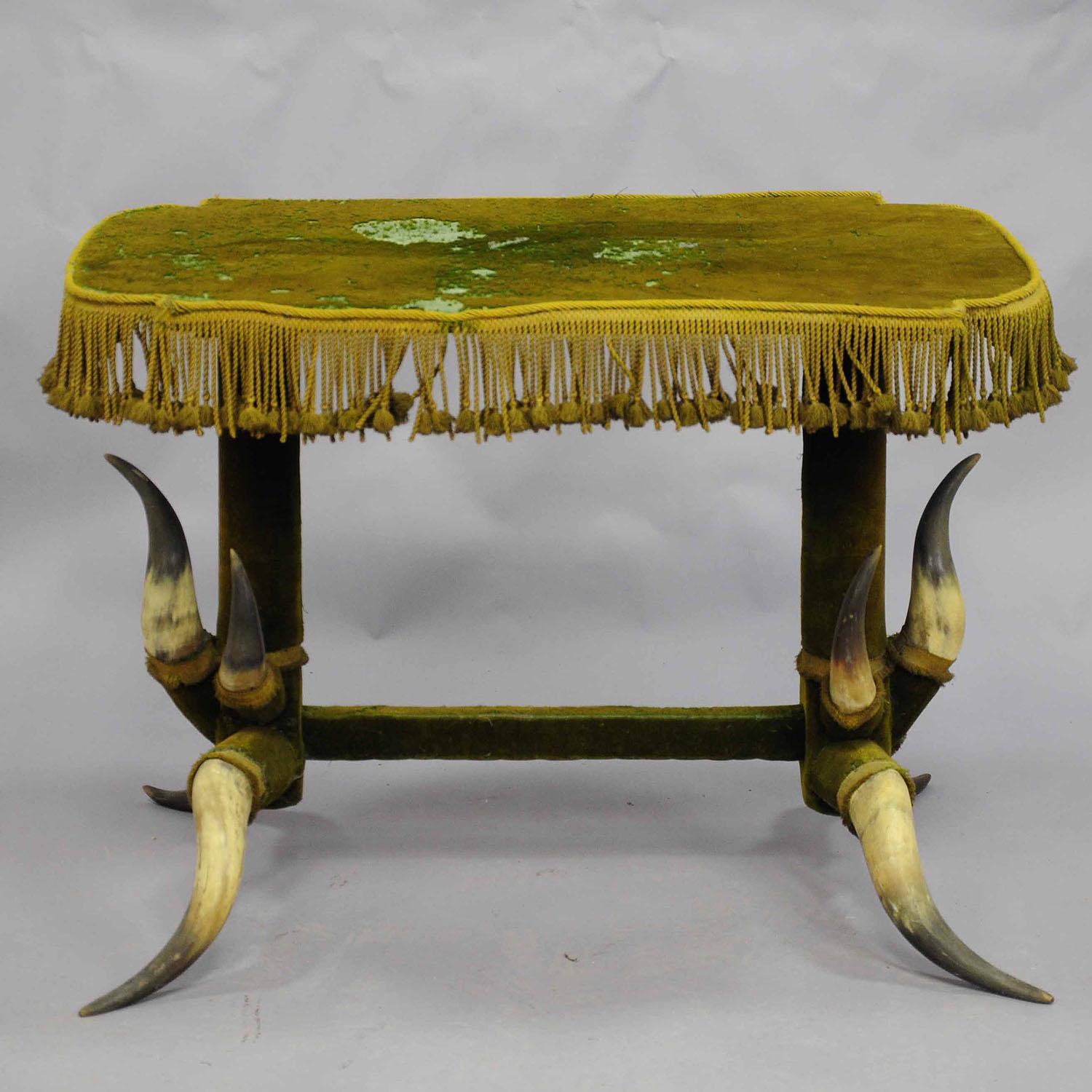 Victorian Antique Bull Antler Table with Green Velvet ca. 1870 For Sale