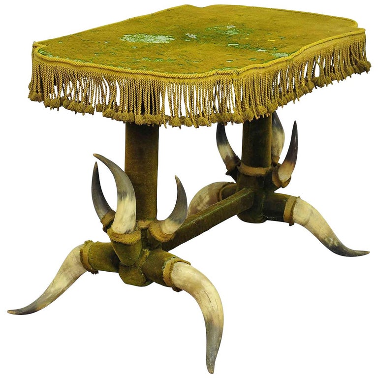 Antique Bull Horn Table with Green Velvet, circa 1870 For Sale