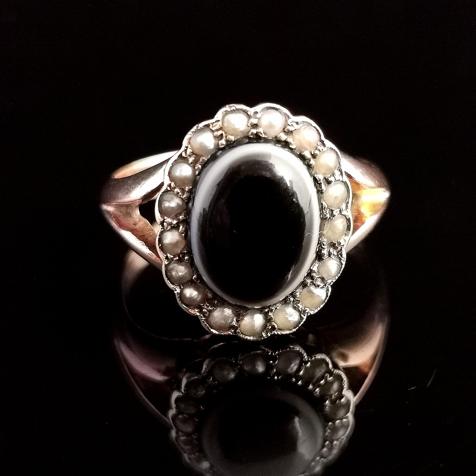 Cabochon Antique Bullseye Agate Mourning Ring, Seed Pearl, 9 Karat Yellow Gold For Sale