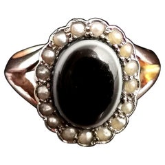Antique Bullseye Agate Mourning Ring, Seed Pearl, 9 Karat Yellow Gold