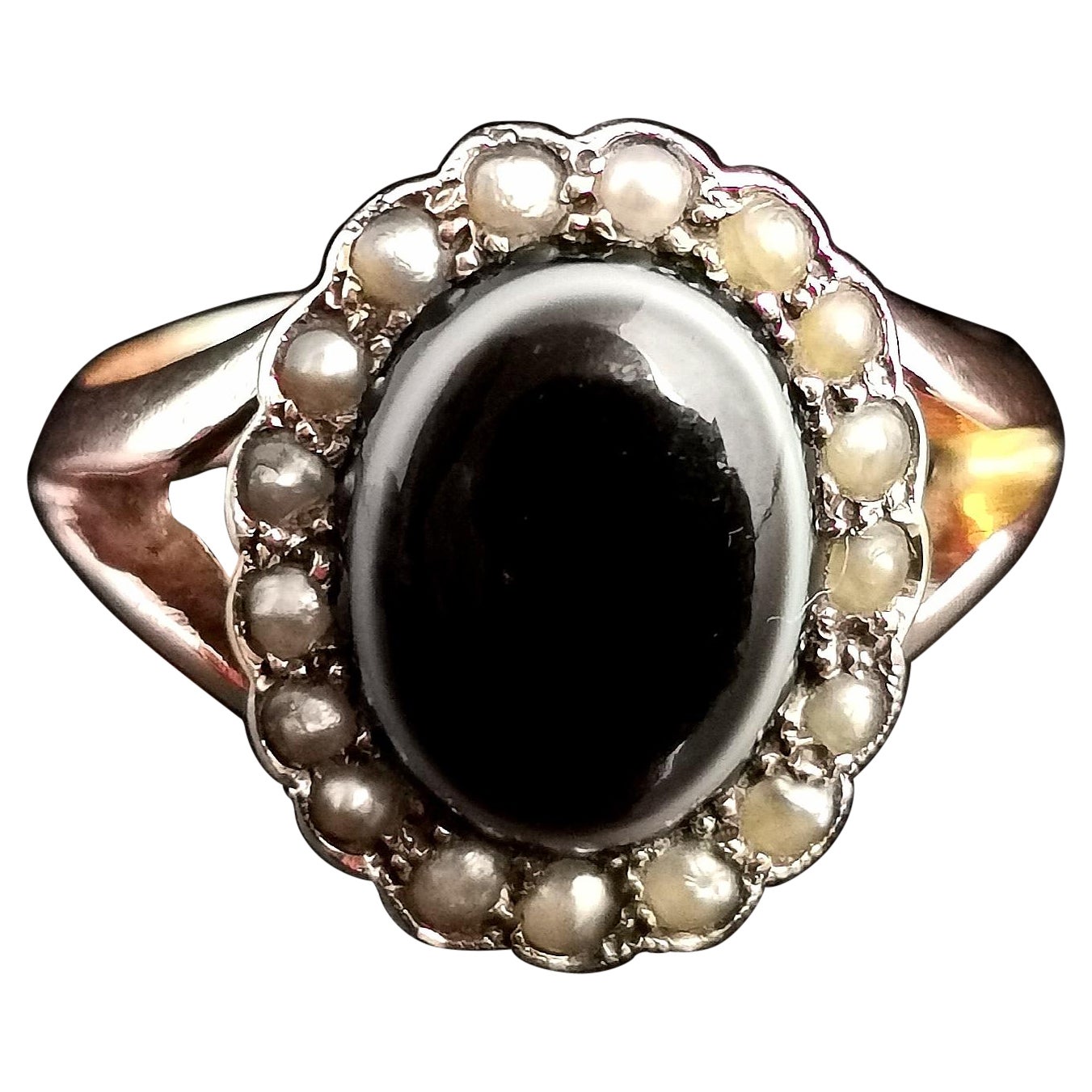 Antique Bullseye Agate Mourning Ring, Seed Pearl, 9 Karat Yellow Gold For Sale