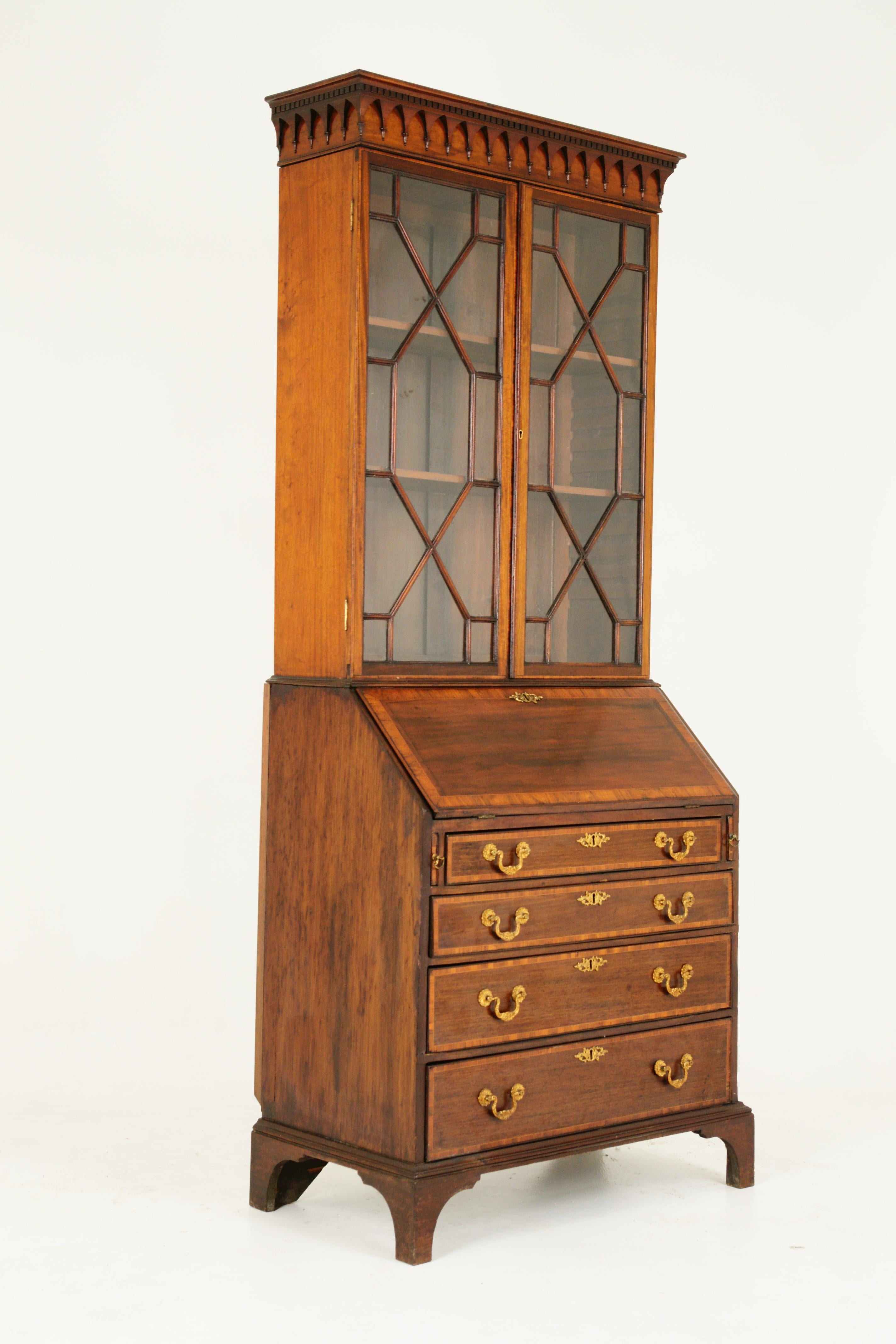Georgian Antique Bureau Bookcase, Inlaid Walnut, Slant Front Desk, Scotland, 1820