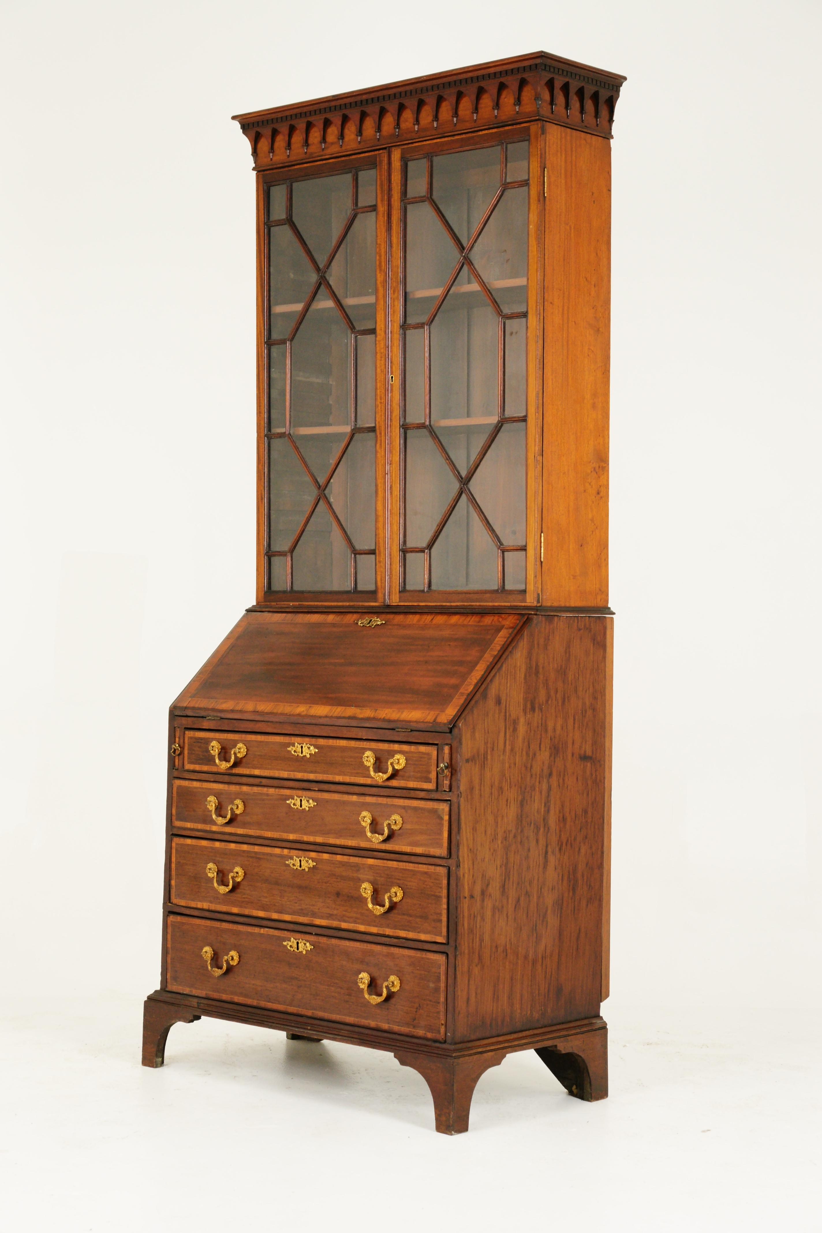 Hand-Crafted Antique Bureau Bookcase, Inlaid Walnut, Slant Front Desk, Scotland, 1820