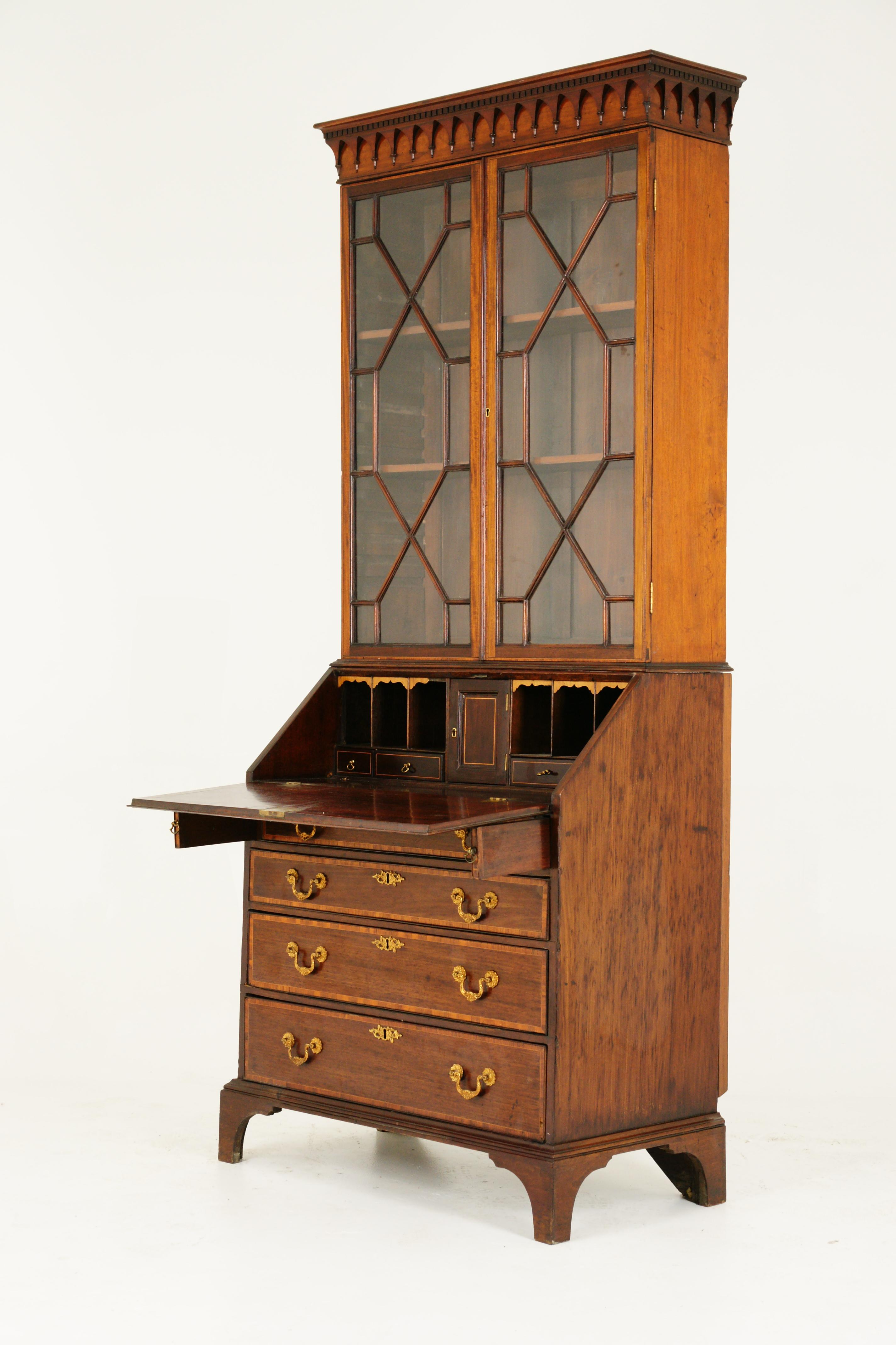 Antique Bureau Bookcase, Inlaid Walnut, Slant Front Desk, Scotland, 1820 In Good Condition In Vancouver, BC