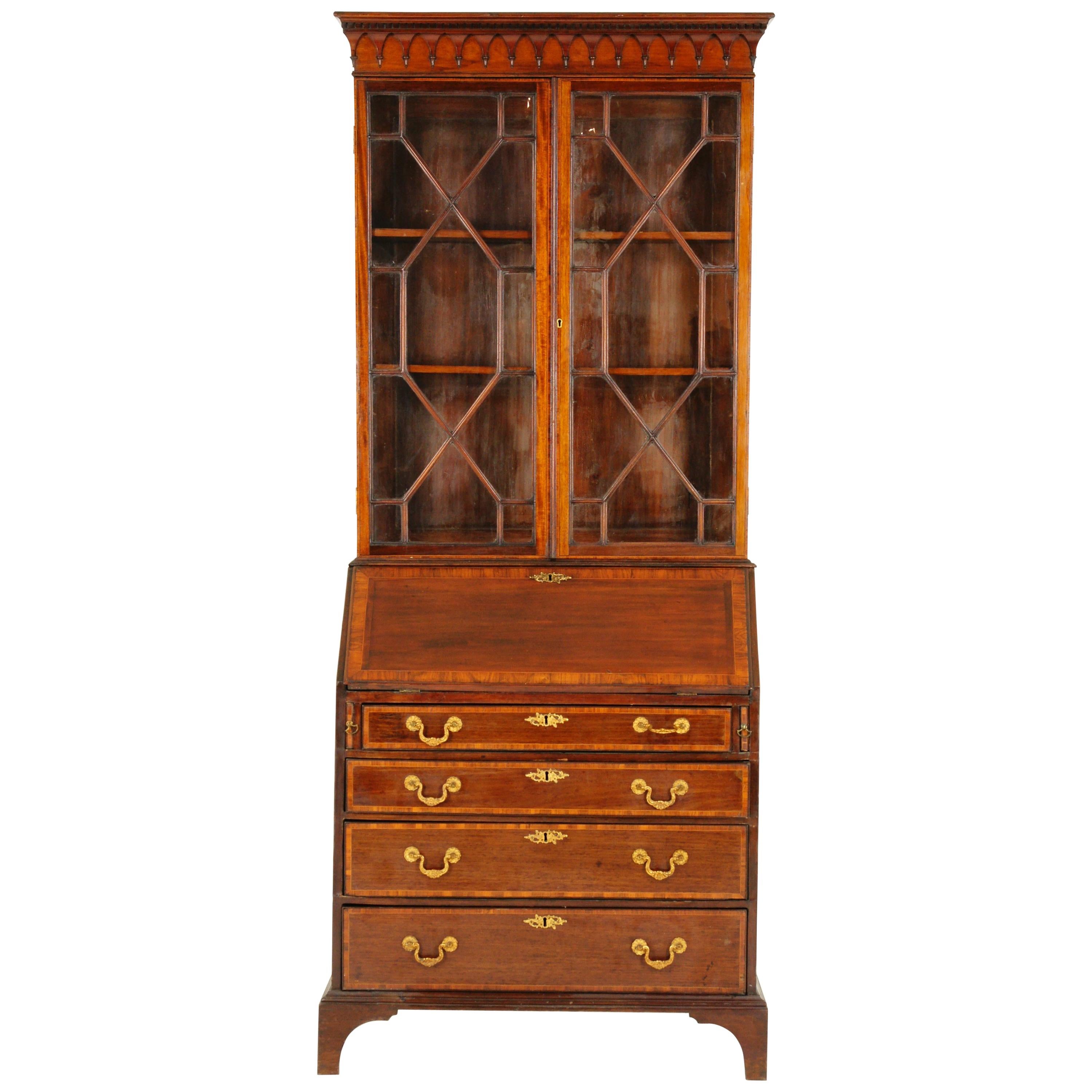 Antique Bureau Bookcase, Inlaid Walnut, Slant Front Desk, Scotland, 1820