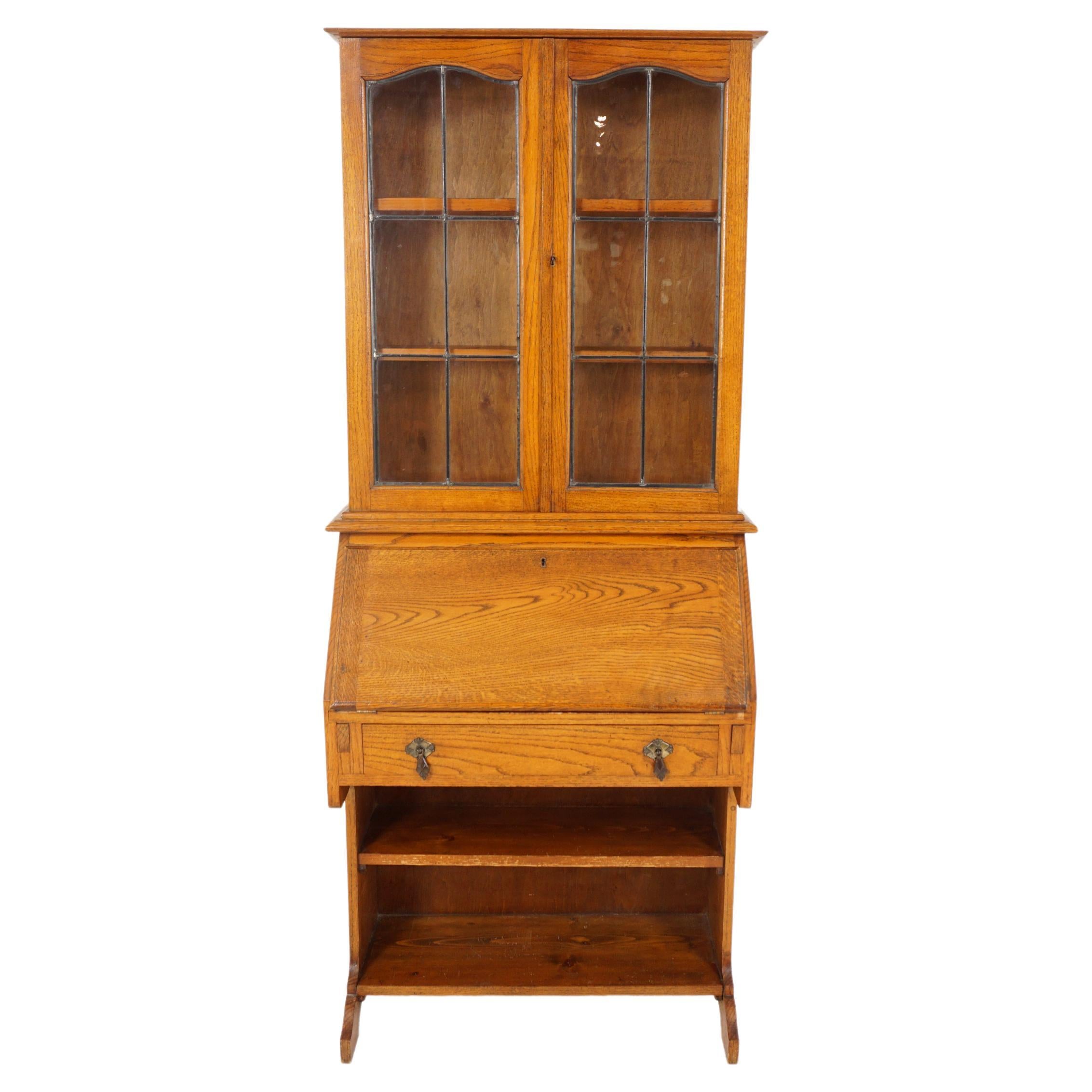 Antique Bureau Bookcase, Slant Front Desk, Bookcase Top, Scotland 1910, H244