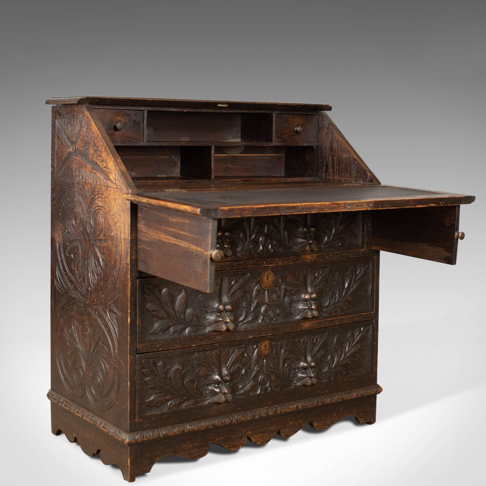 Antique Bureau, English, Oak, Victorian, Green Man, Writing Desk, circa  1880 at 1stDibs