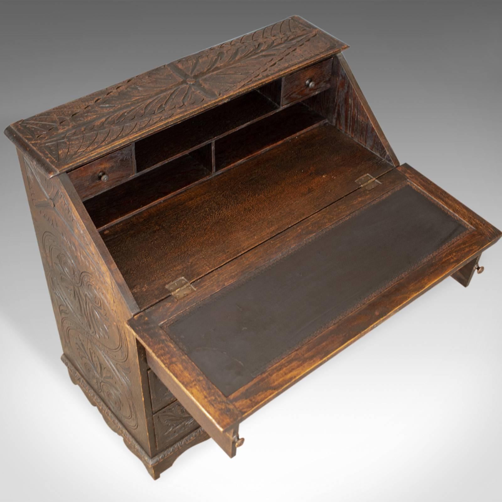 Antique Bureau, English, Oak, Victorian, Green Man, Writing Desk, circa 1880 In Good Condition In Hele, Devon, GB