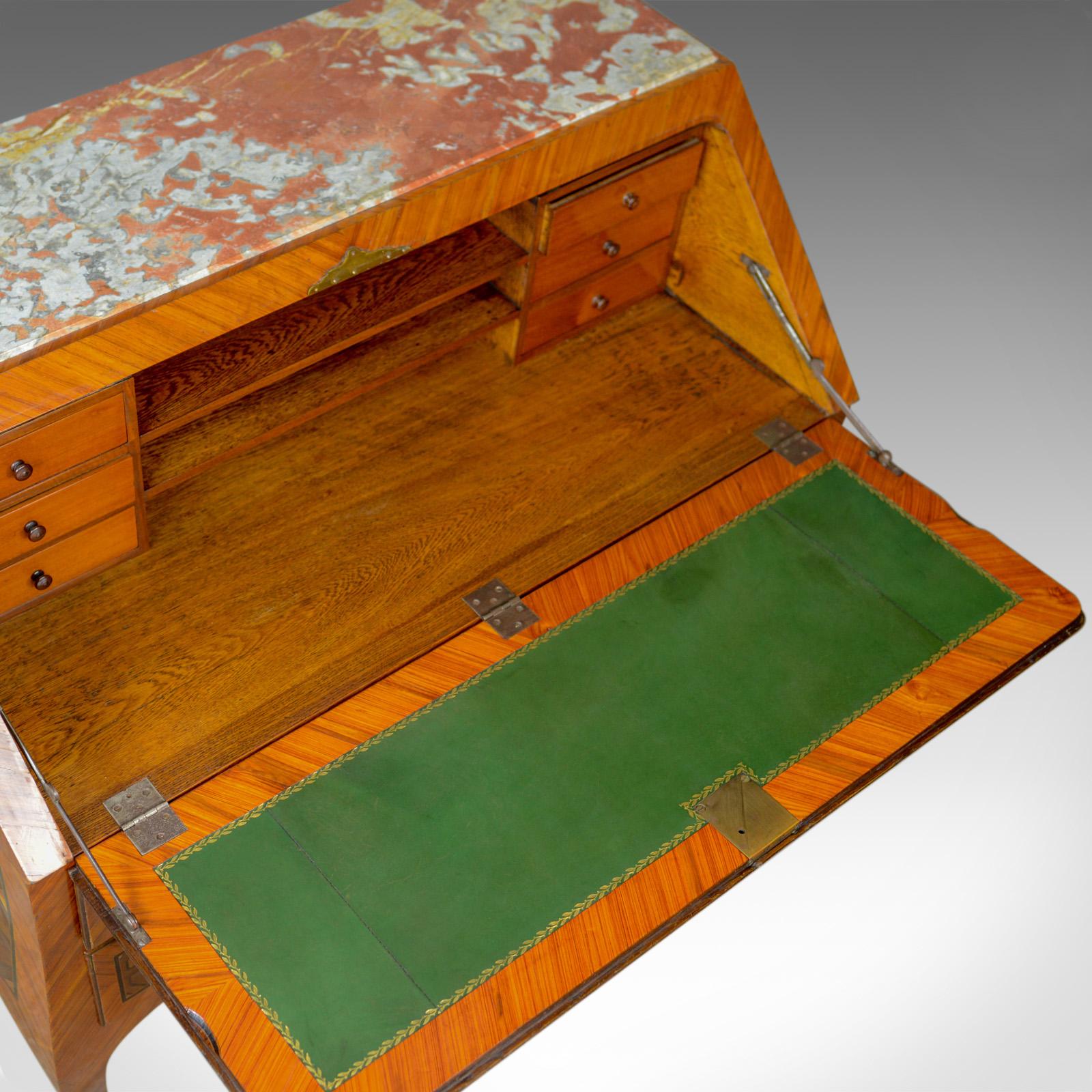 19th Century Antique Bureau, French, Marble Top, Kingwood, Marquetry Desk, circa 1900 For Sale
