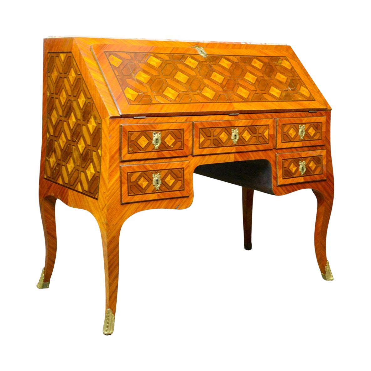 Antique Bureau, French, Marble Top, Kingwood, Marquetry Desk, circa 1900 For Sale