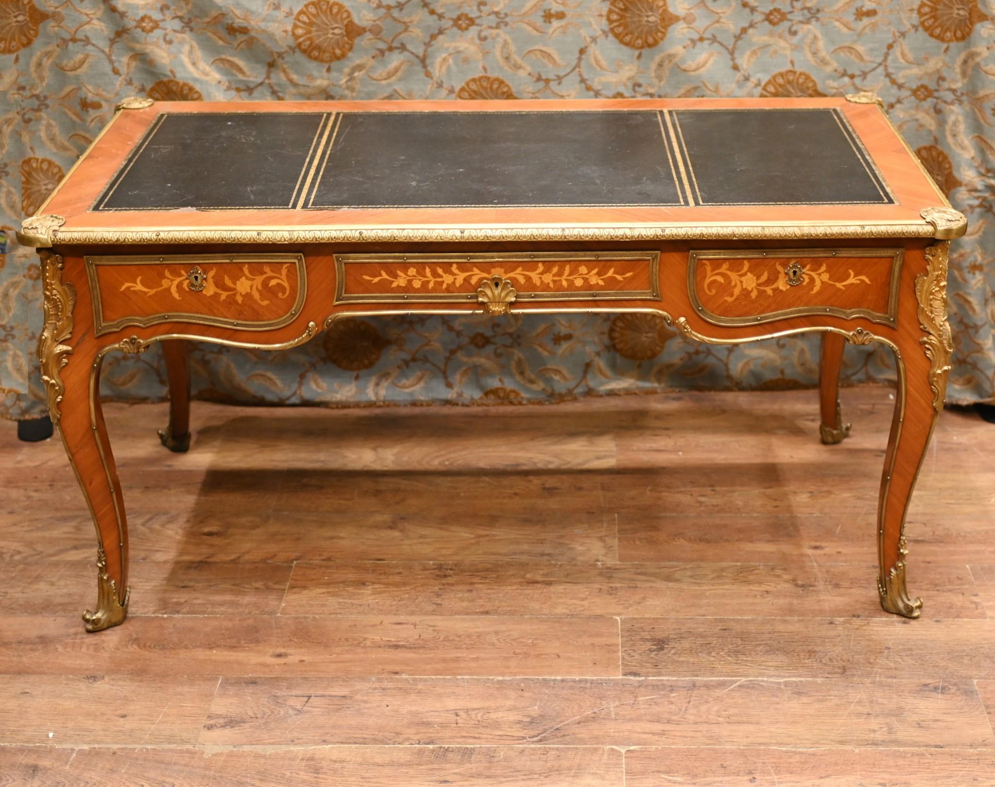 Kingwood Antique Bureau Plat French Inlay Desk Writing Table For Sale
