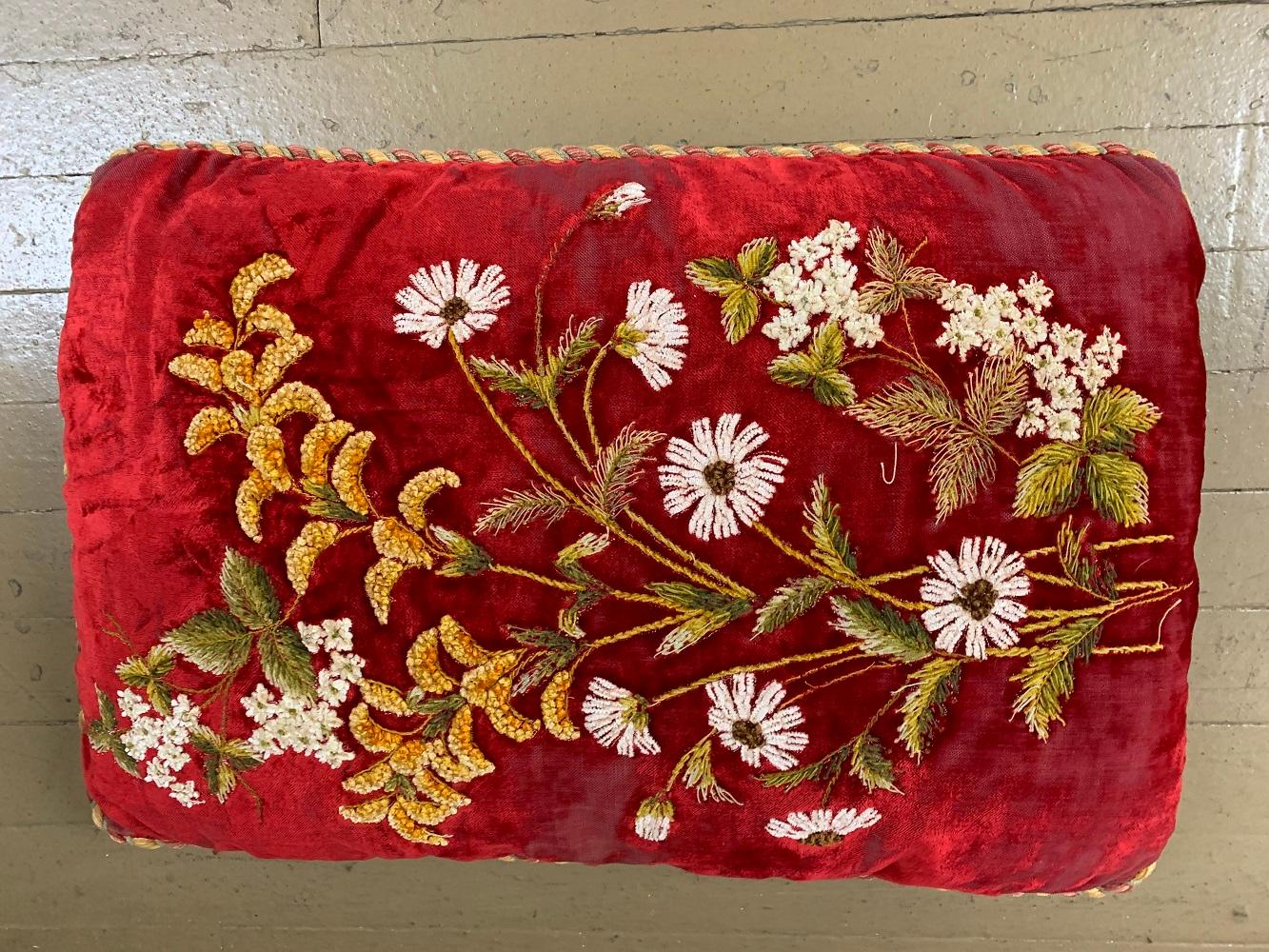My Great- Grandmother collected these handmade Velvet pillows;
these are burgundy velvet and sage green backs; incredible stitching and embossed floral pattern. Trimmed in gold and burgundy

exceptional and elegant.