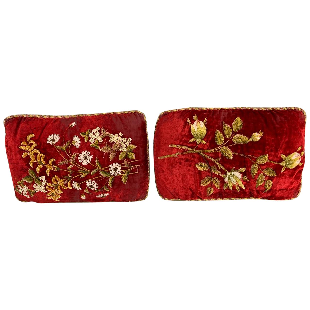 Antique Burgundy Hand Stitched Pillows, Pair For Sale