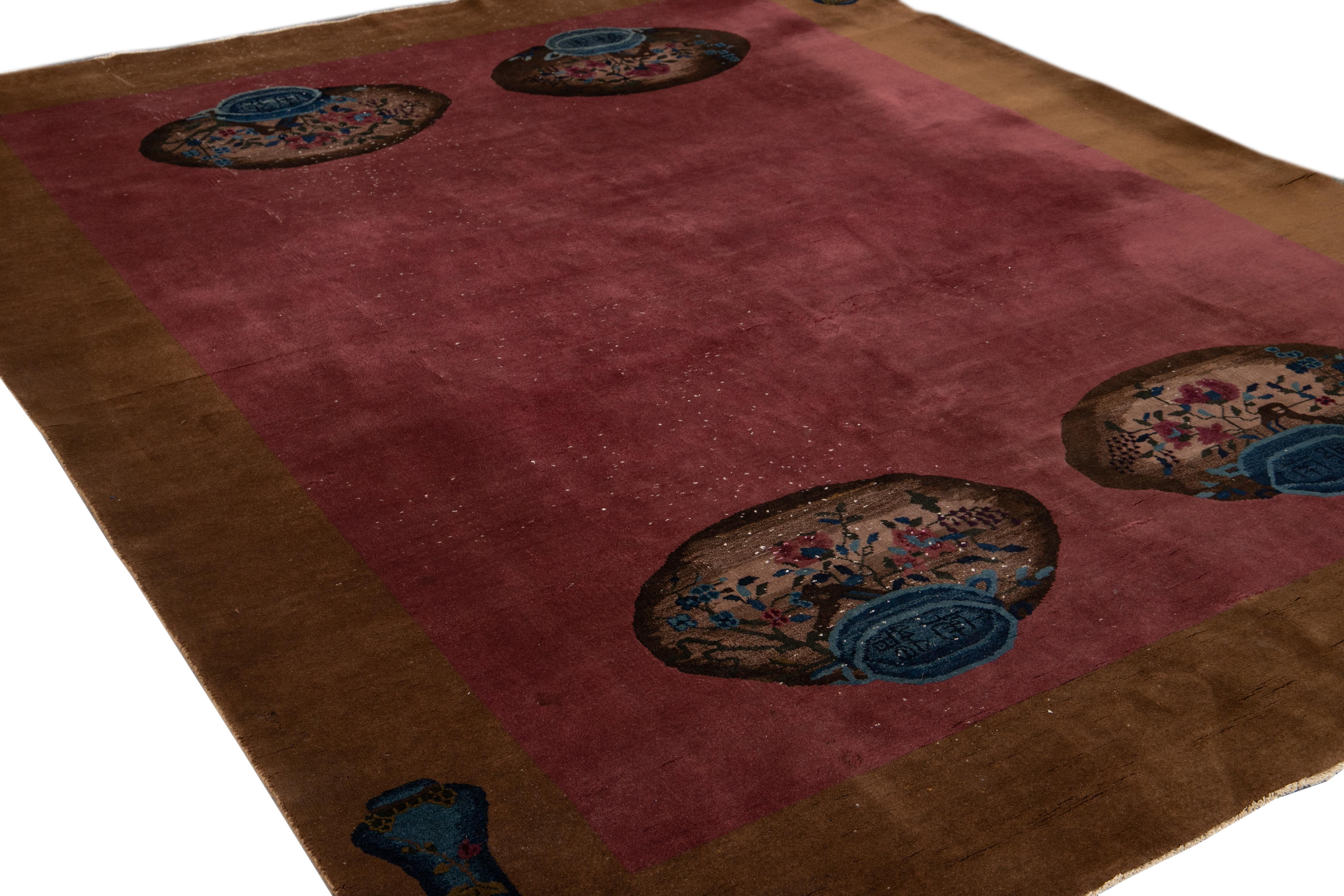 Antique Burgundy Art Deco Chinese Handmade Wool Rug For Sale 5