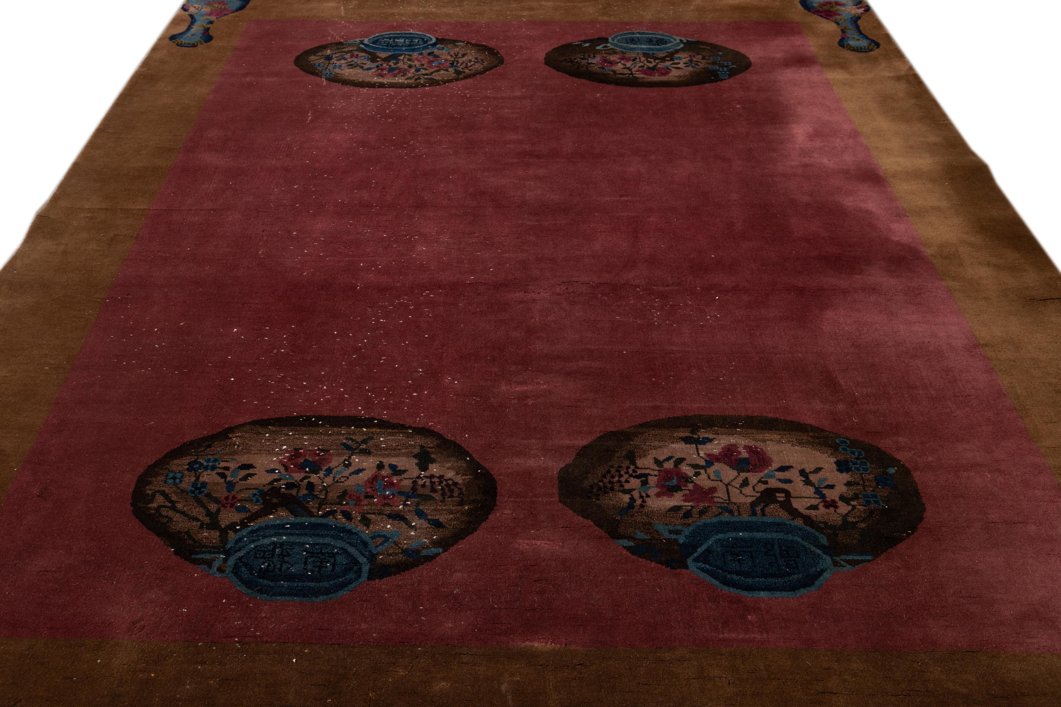 Alfombra antigua de lana china Art Decó burdeos hecha a mano Chino en venta