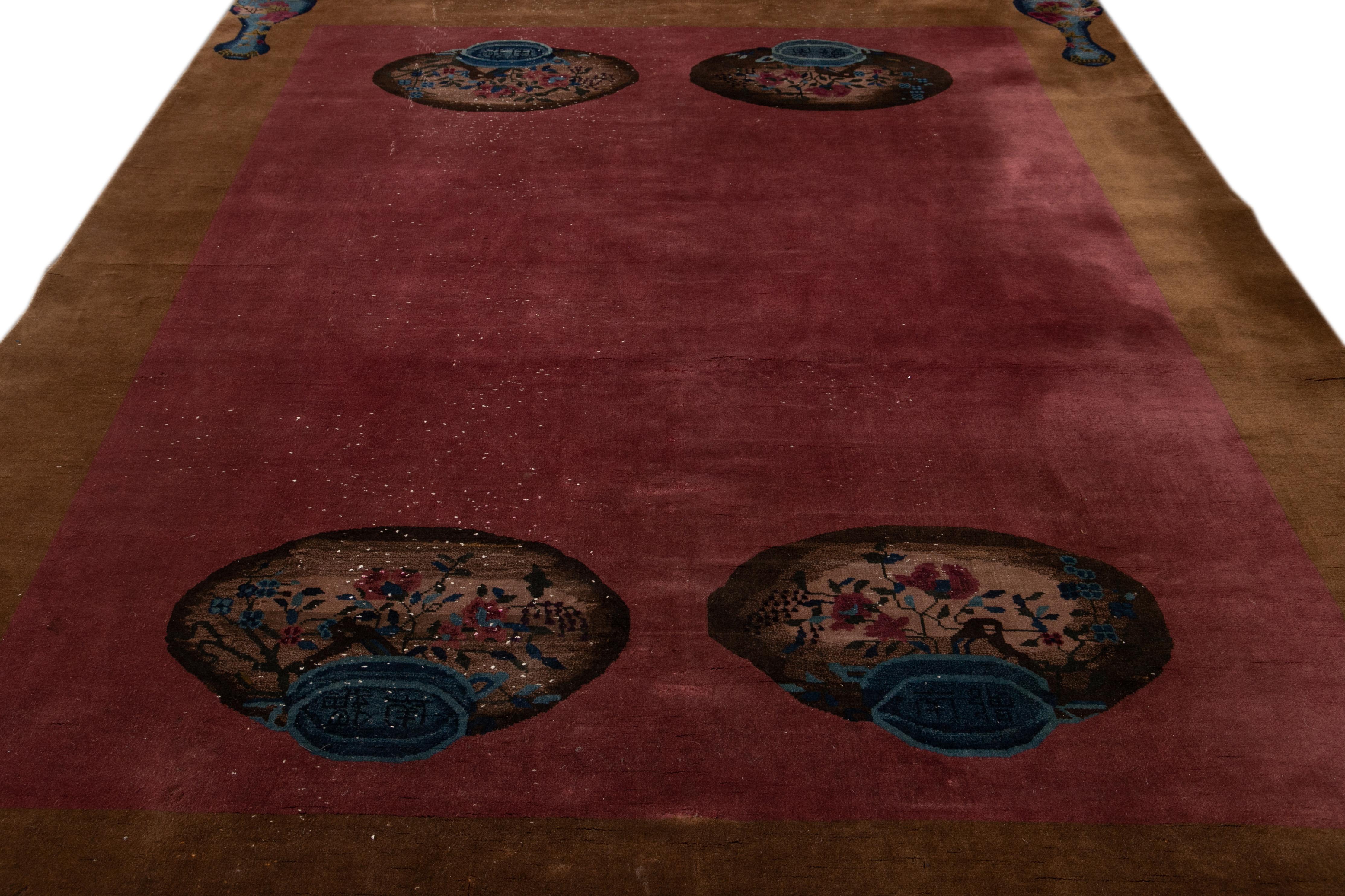 Hand-Knotted Antique Burgundy Art Deco Chinese Handmade Wool Rug For Sale