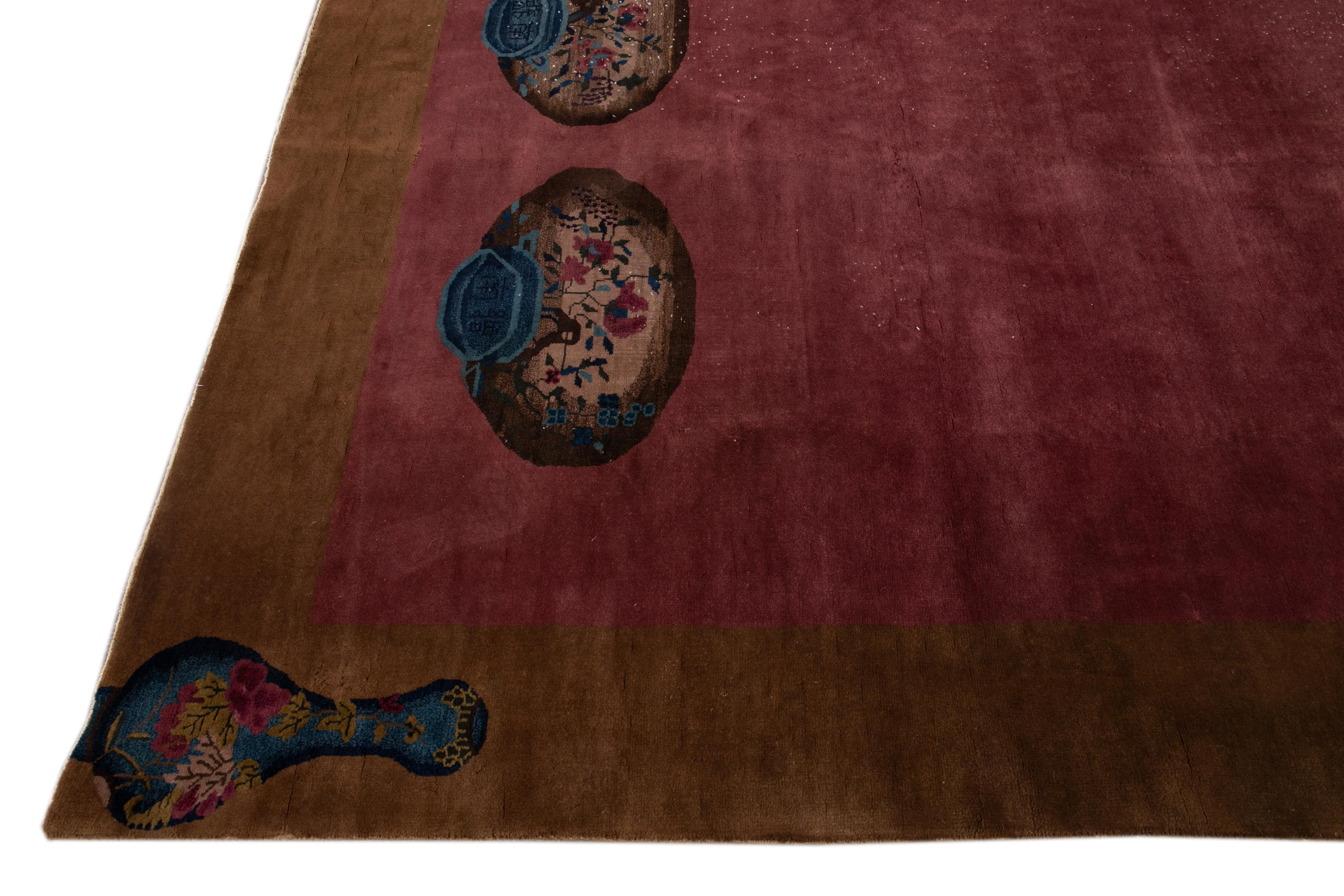 Antique Burgundy Art Deco Chinese Handmade Wool Rug In Good Condition For Sale In Norwalk, CT