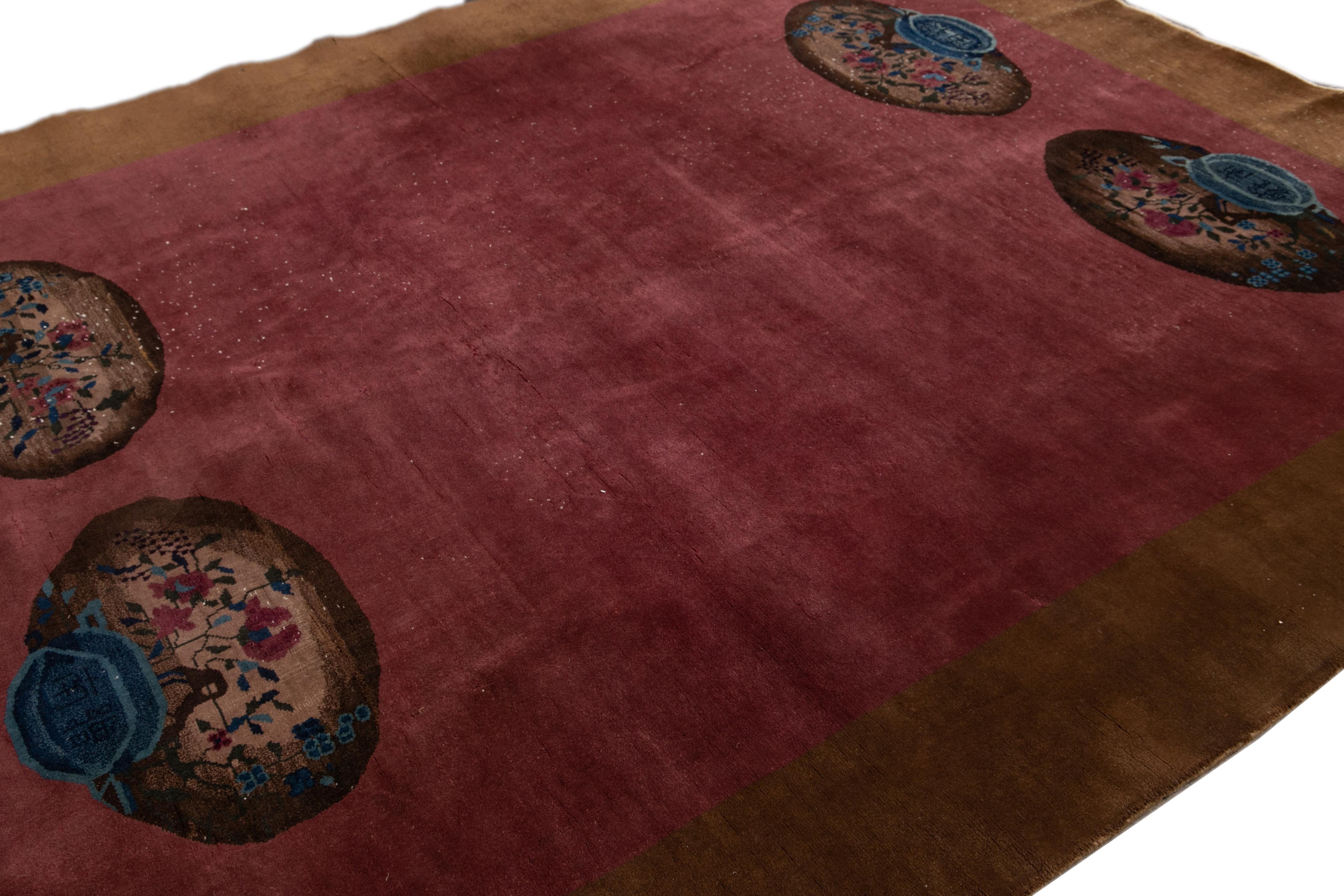 Other Antique Burgundy Art Deco Chinese Handmade Wool Rug For Sale