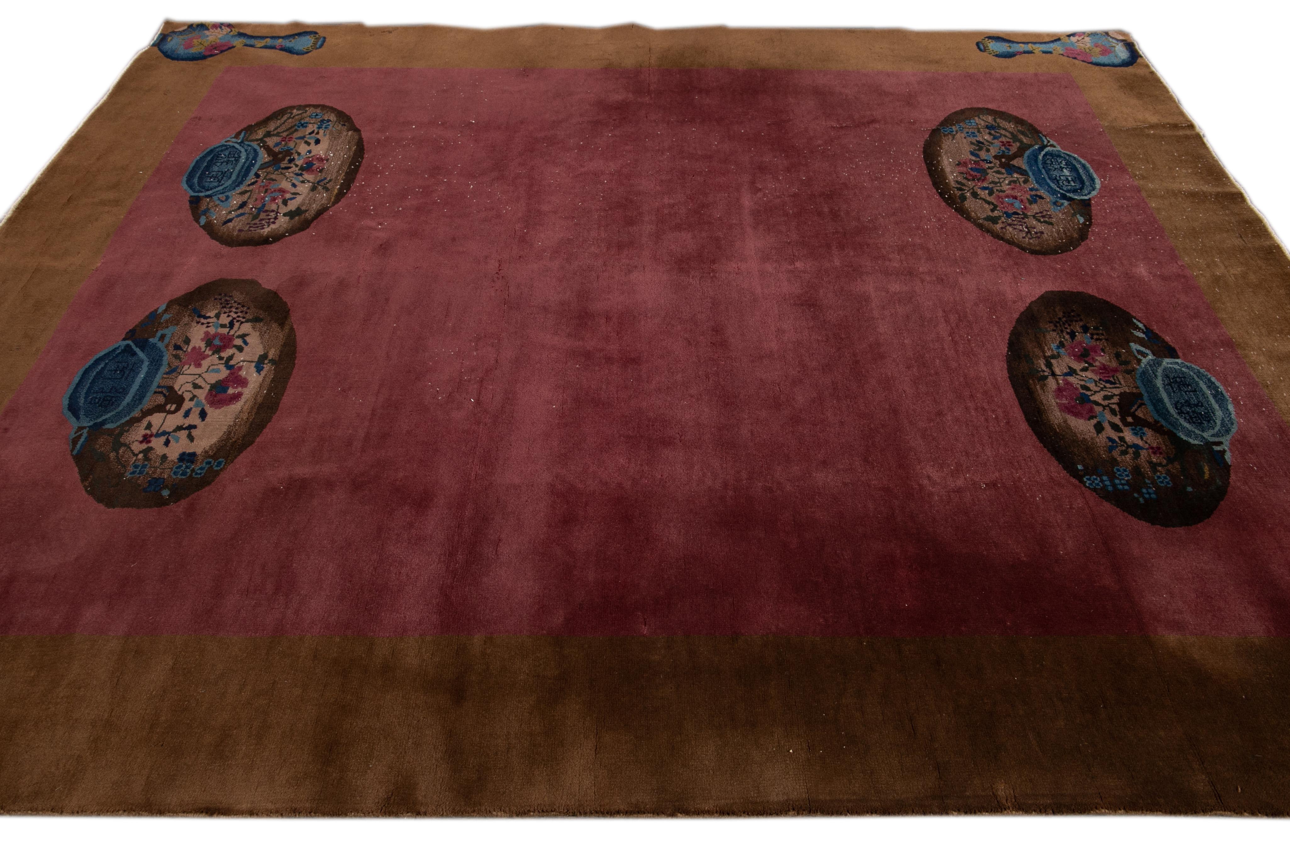 Antique Burgundy Art Deco Chinese Handmade Wool Rug For Sale 1