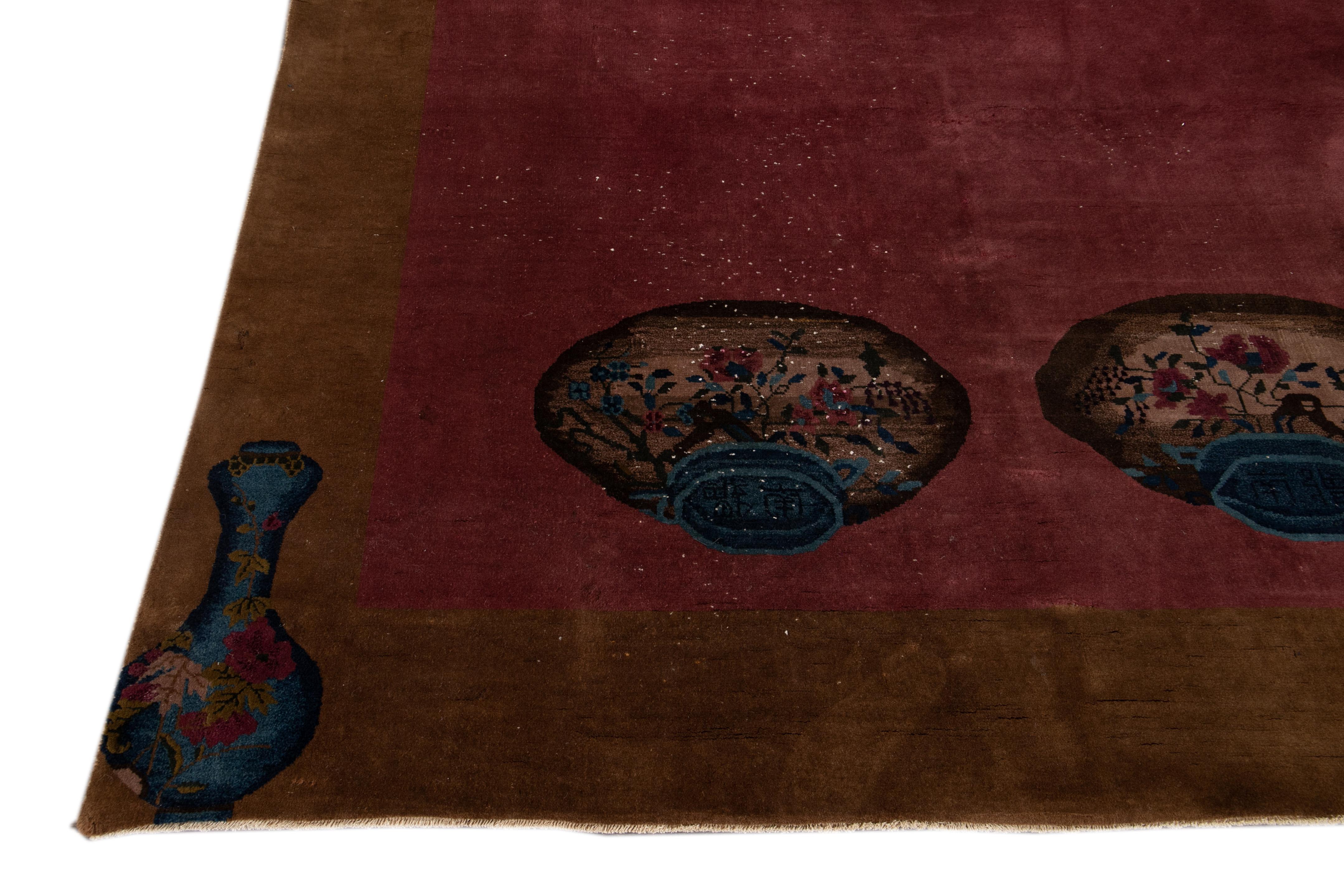 Antiker chinesischer handgefertigter antiker burgunderroter Art-Déco-Wollteppich (Sonstiges) im Angebot