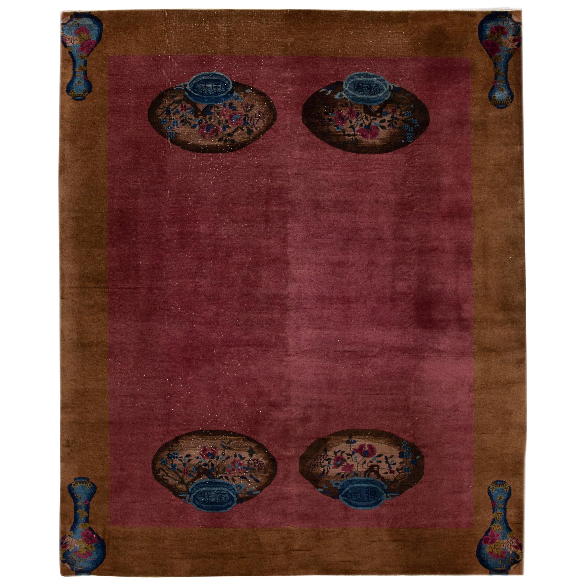 Antique Burgundy Art Deco Chinese Handmade Wool Rug For Sale