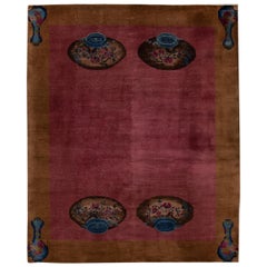 Vintage Burgundy Art Deco Chinese Handmade Wool Rug